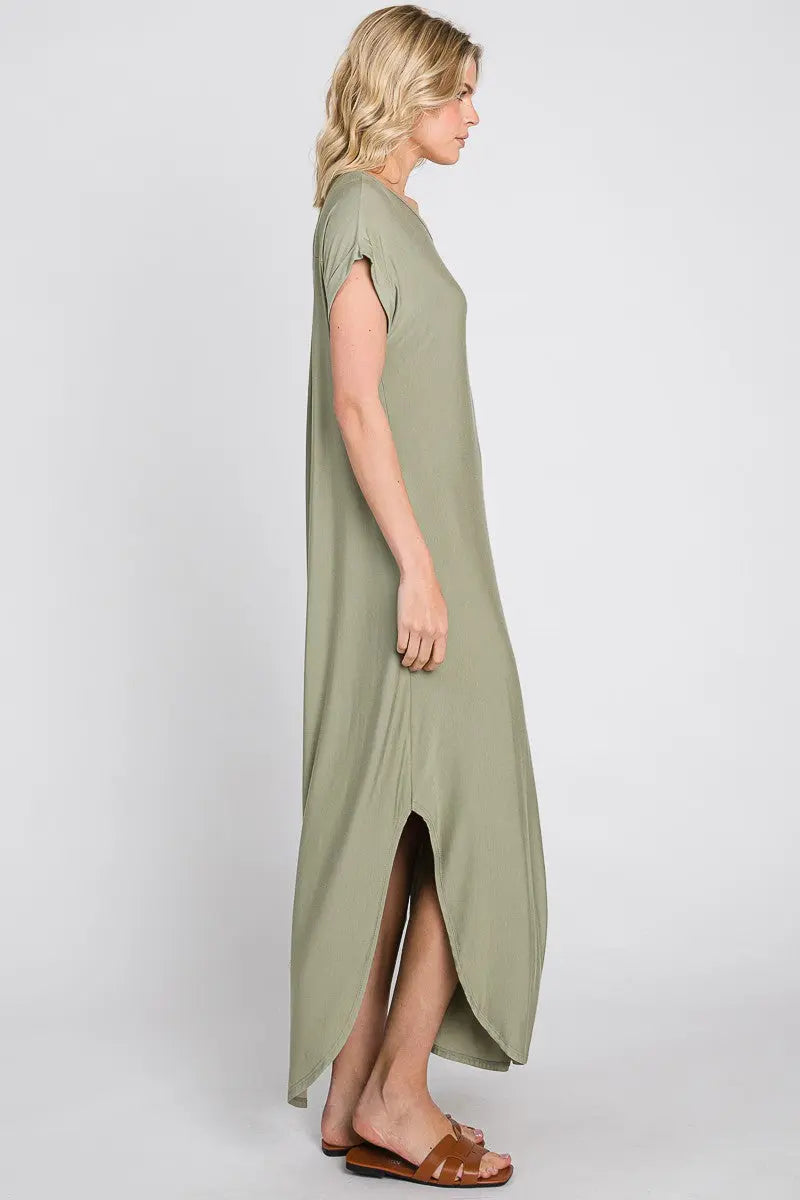 Light Olive Round Hem Side Slit Maxi Dress With Functional Pockets PinkBlush