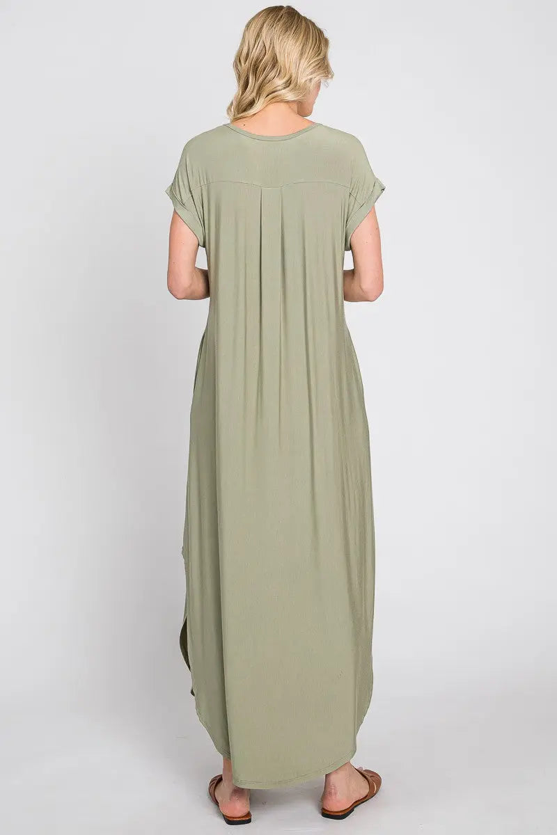 Light Olive Round Hem Side Slit Maxi Dress With Functional Pockets PinkBlush