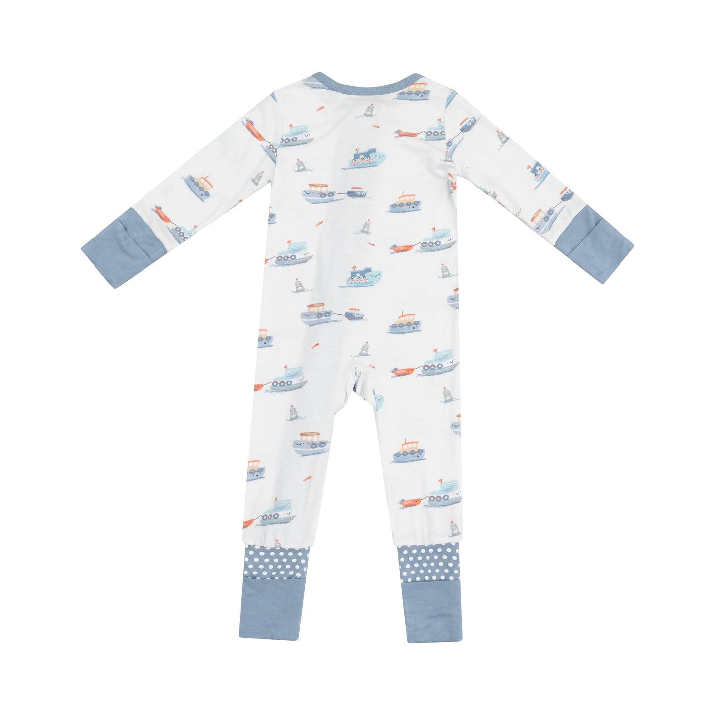 2 Way Zipper Romper Bubbly Tugboats Eco Friendly Viscose from Bamboo Fiber.