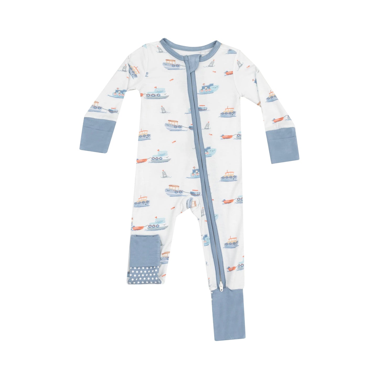 2 Way Zipper Romper Bubbly Tugboats Eco Friendly Viscose from Bamboo Fiber.