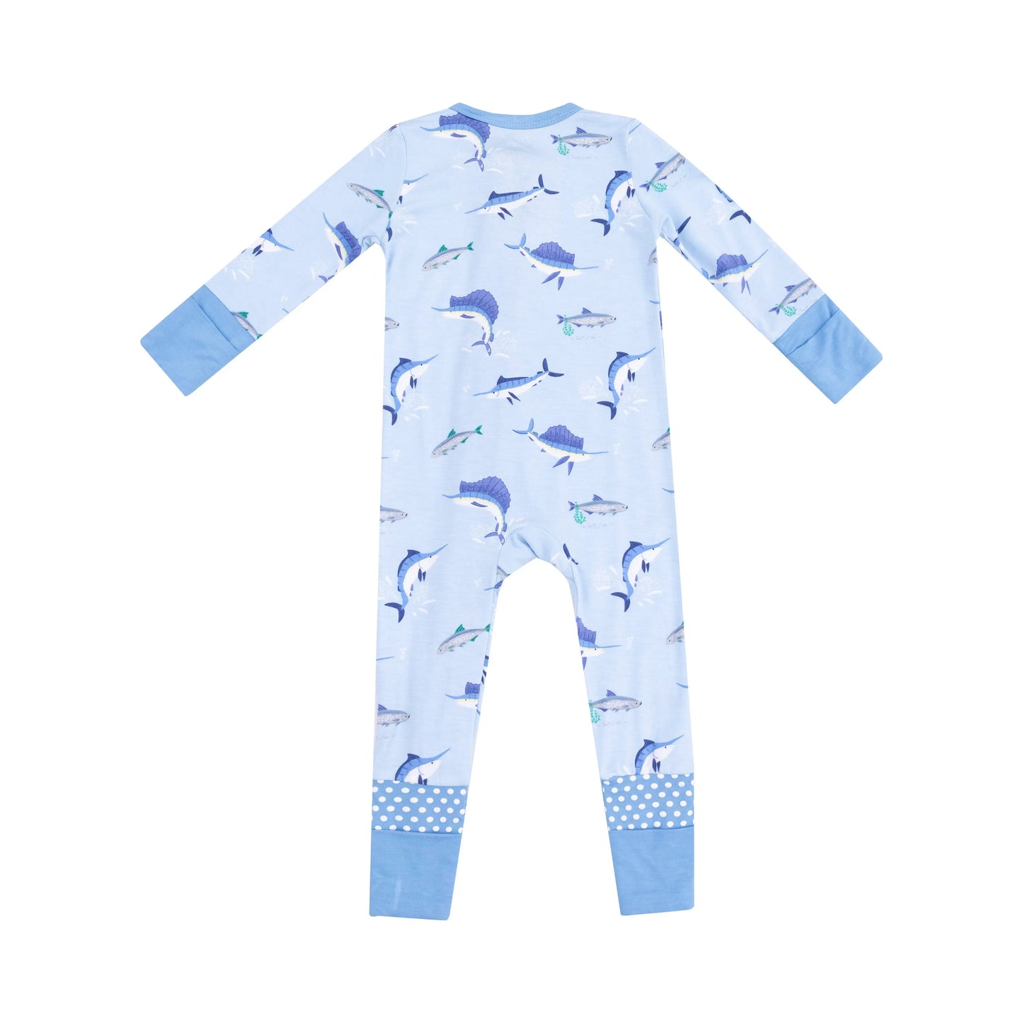 2 Way Zipper Romper Deep Sea Fishing Blue.