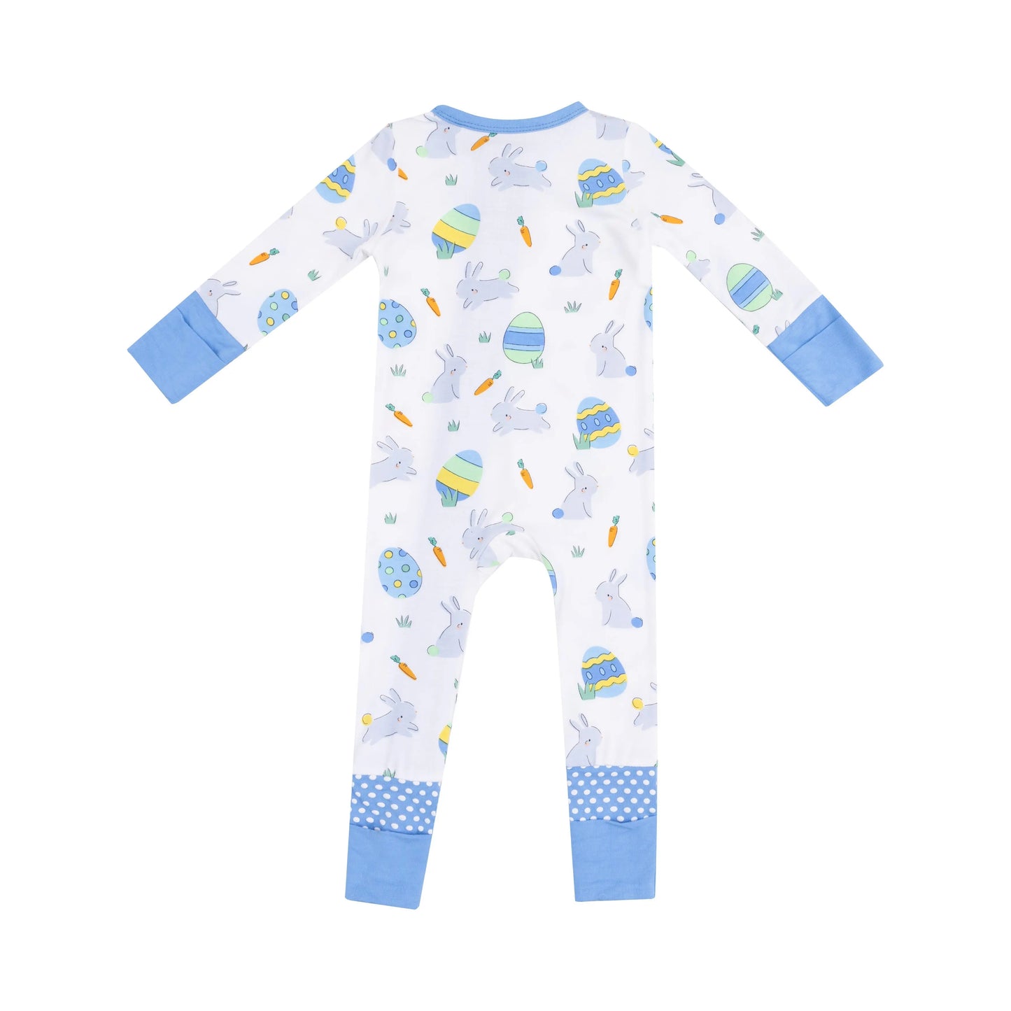 2 Way Zipper Romper Easter Bunnies Blue.