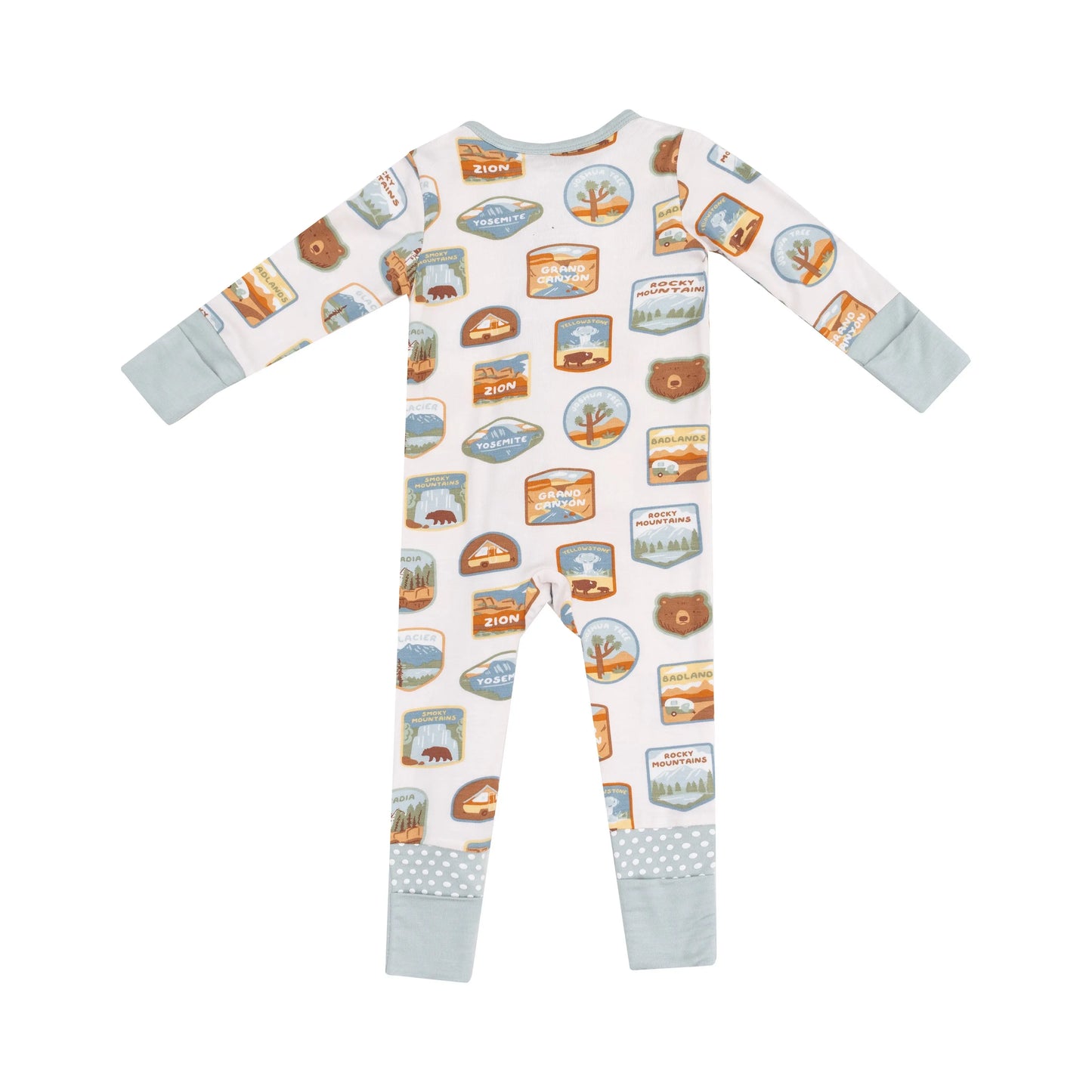 2 Way Zipper Romper with National Park Patches for Babies.