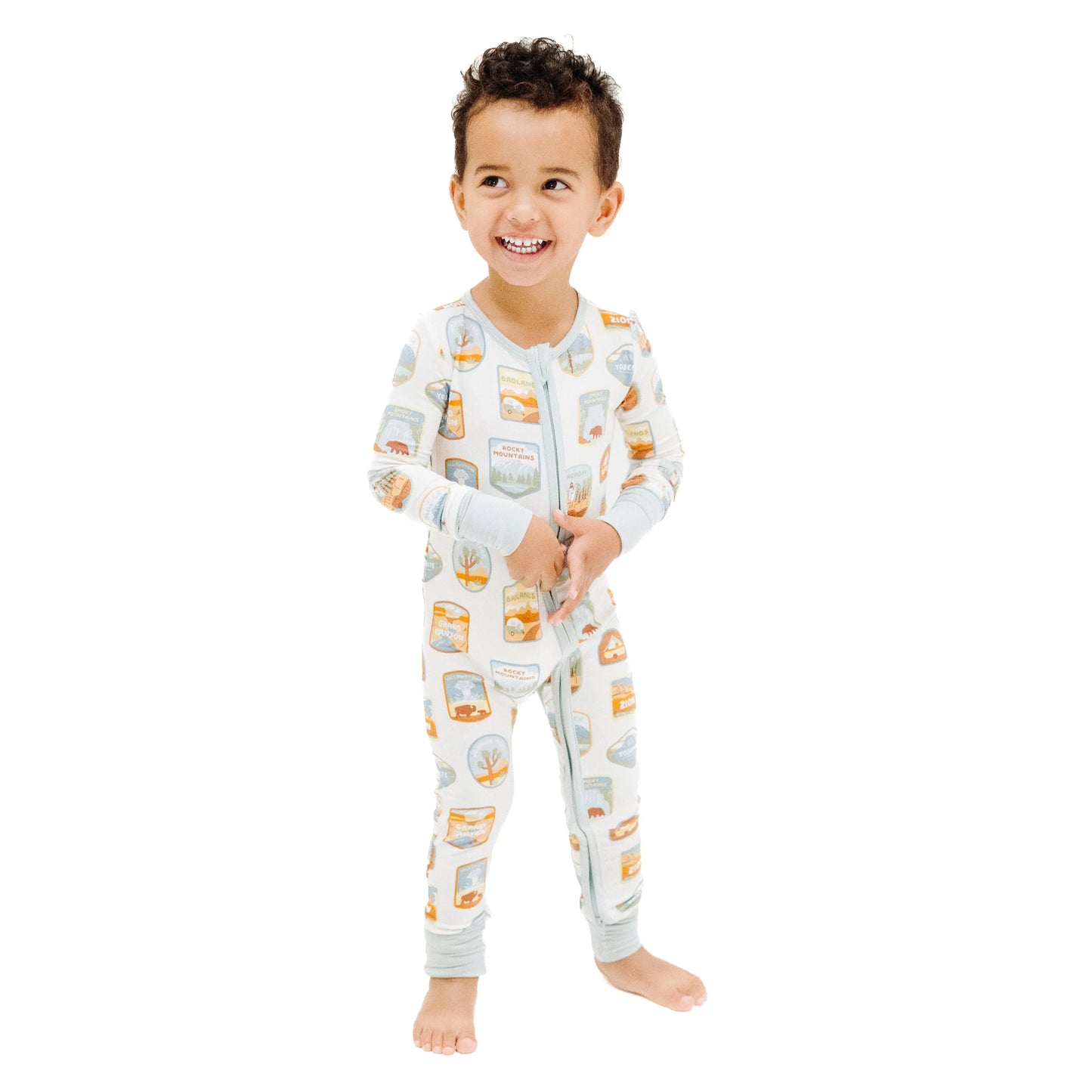 2 Way Zipper Romper with National Park Patches for Babies.