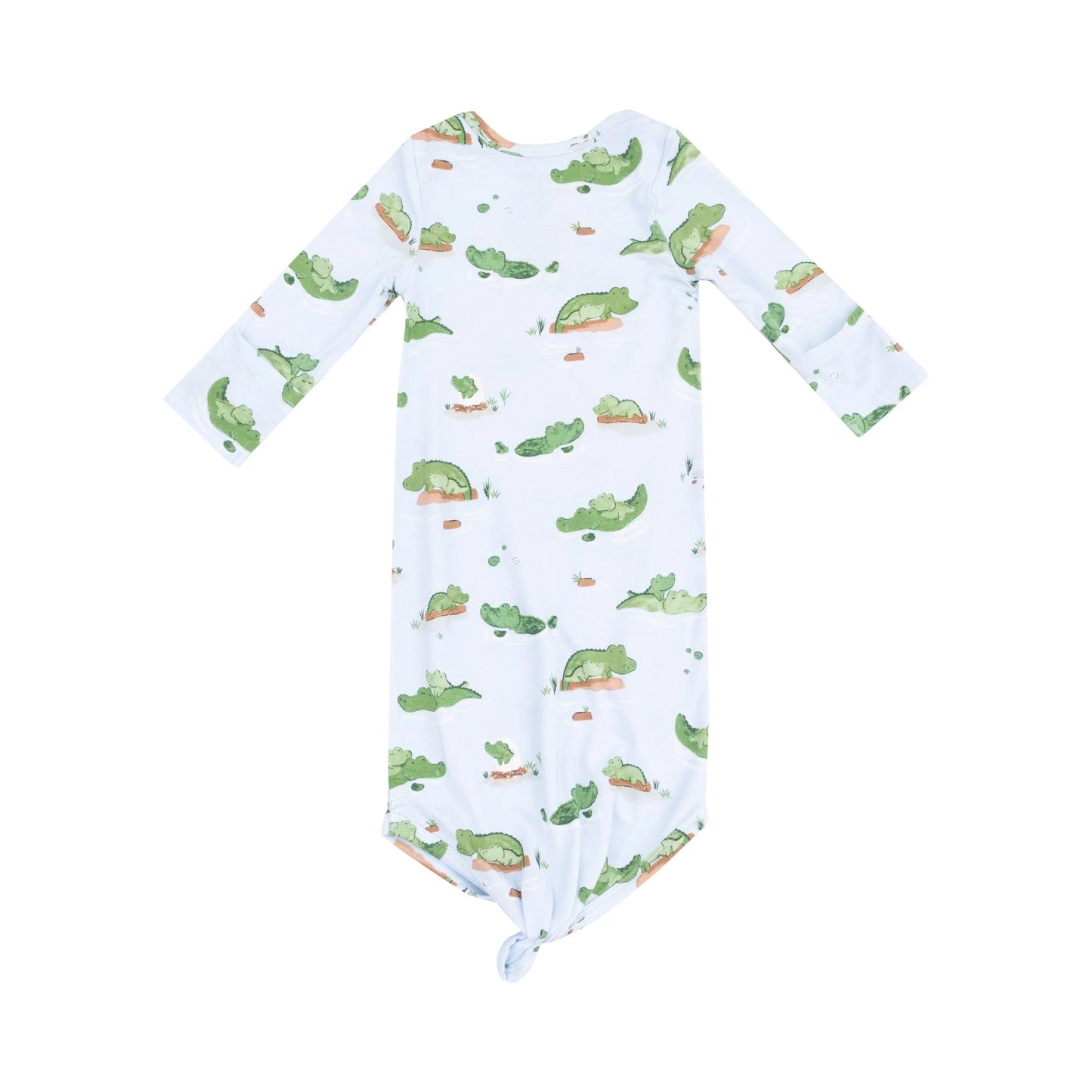 Knotted Baby Gown in Alligator Blue for Newborns and Infants.