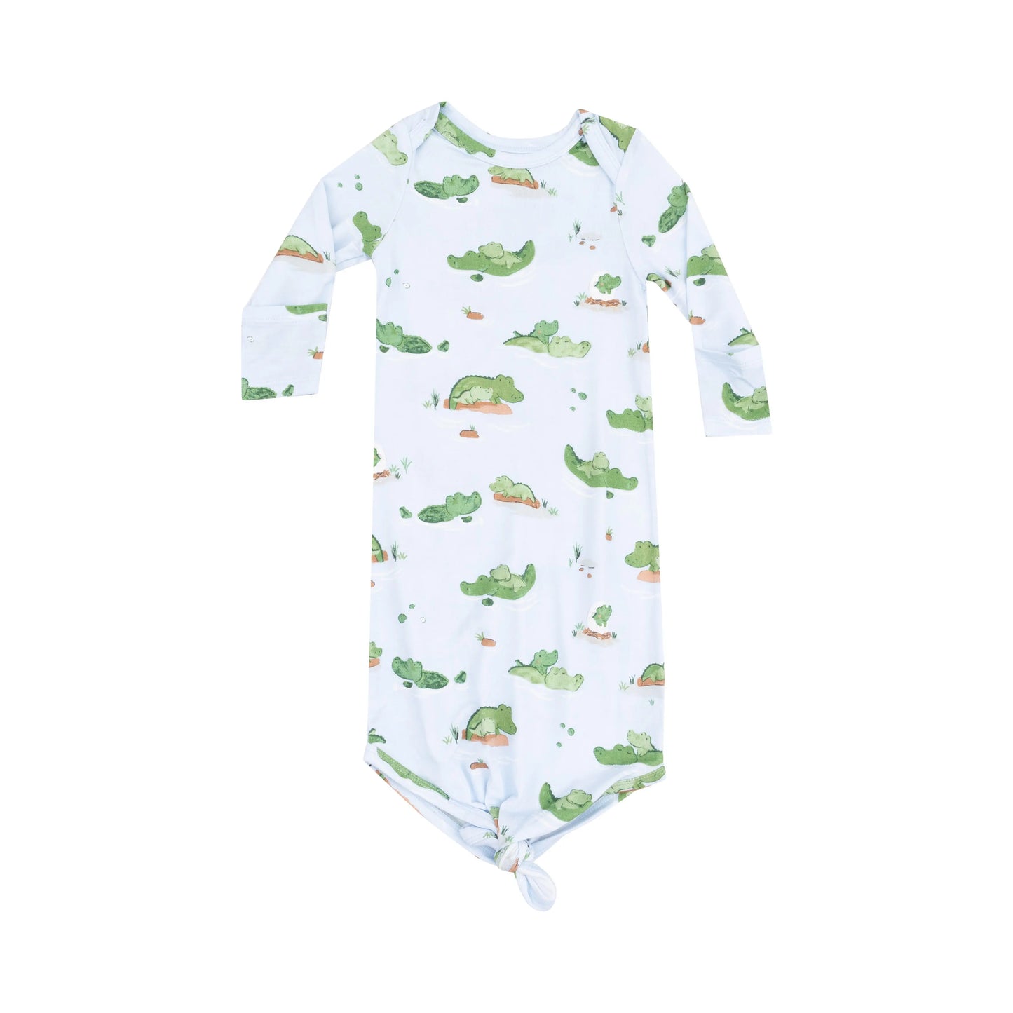Knotted Baby Gown in Alligator Blue for Newborns and Infants.