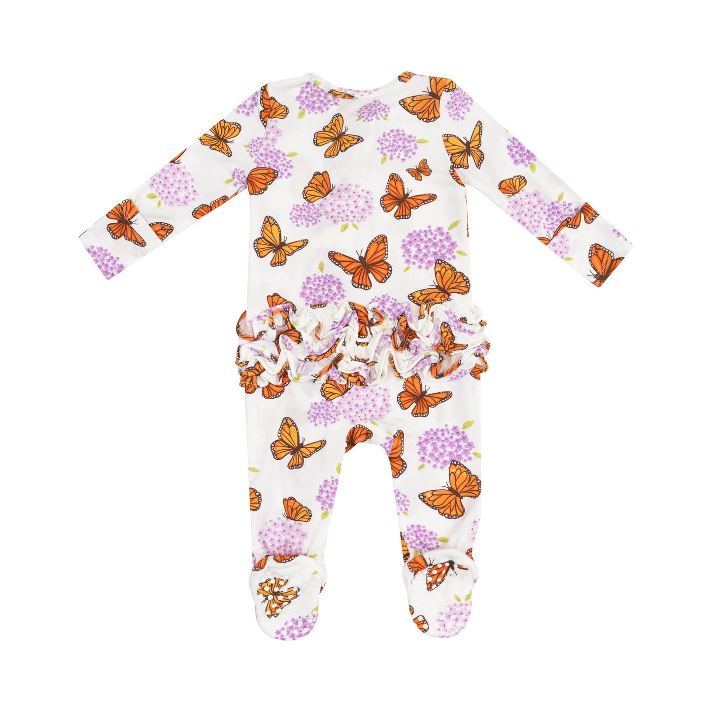 2 Way Ruffle Zipper Footie Monarch Butterflies and Milkweed.