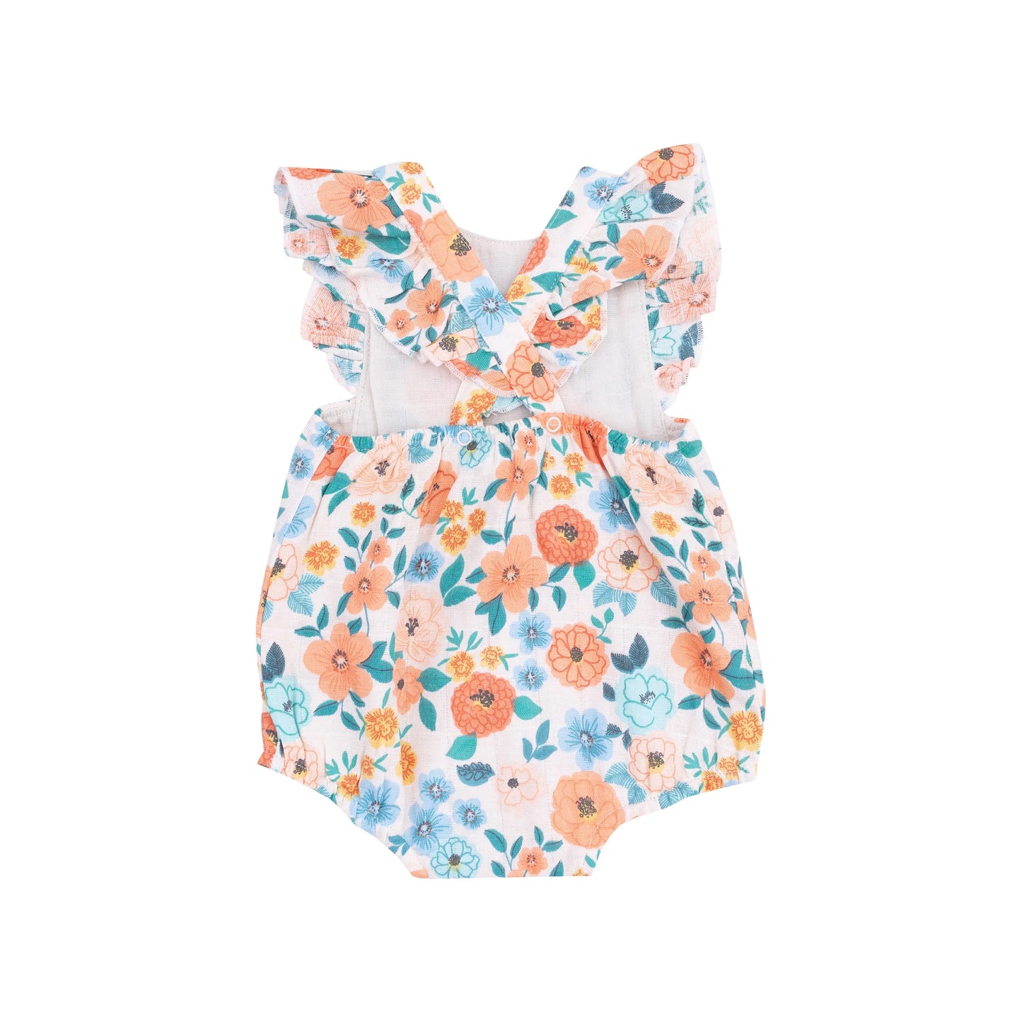 Organic Muslin Ruffle Sunsuit Flower Cart for Warm Weather Adventures.
