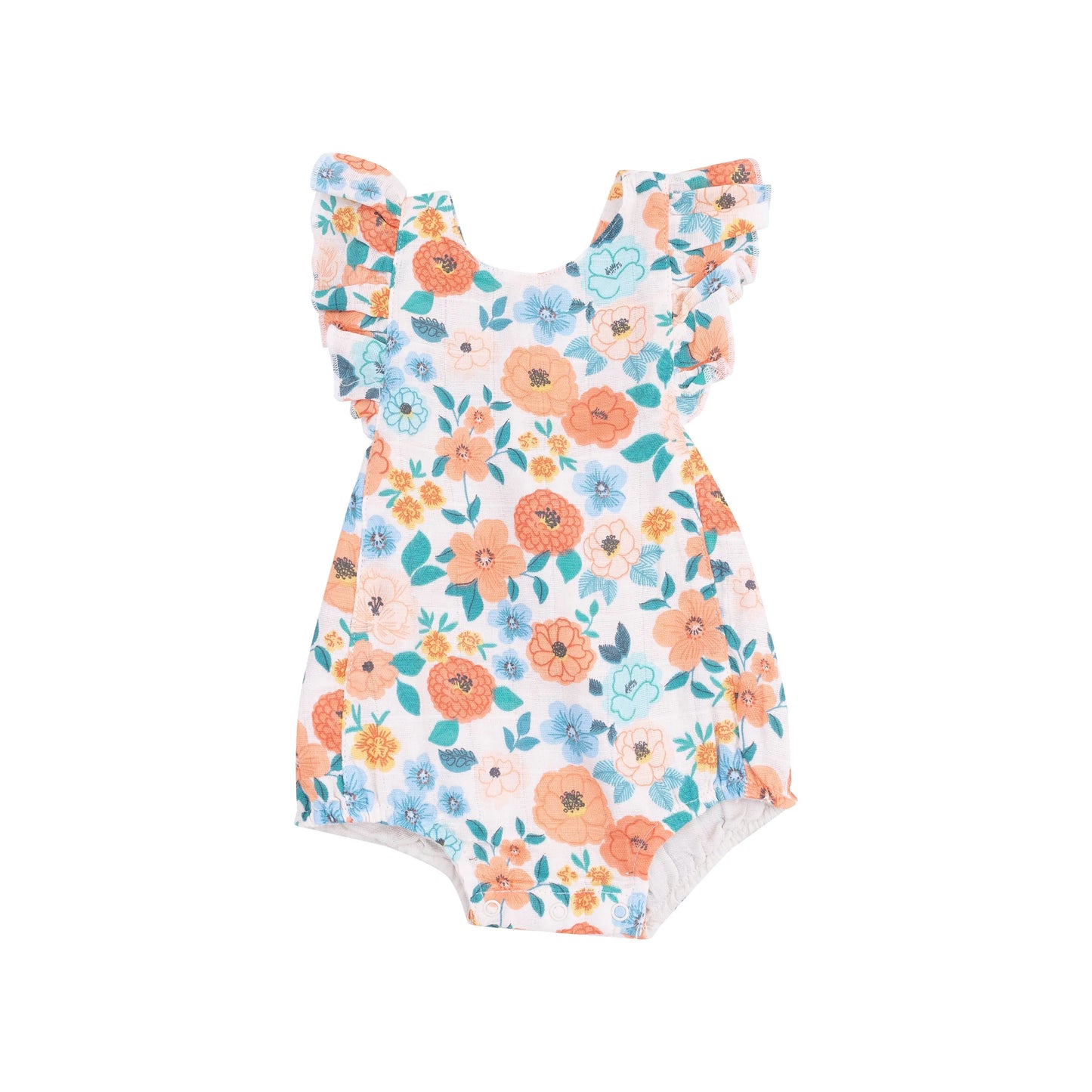 Organic Muslin Ruffle Sunsuit Flower Cart for Warm Weather Adventures.