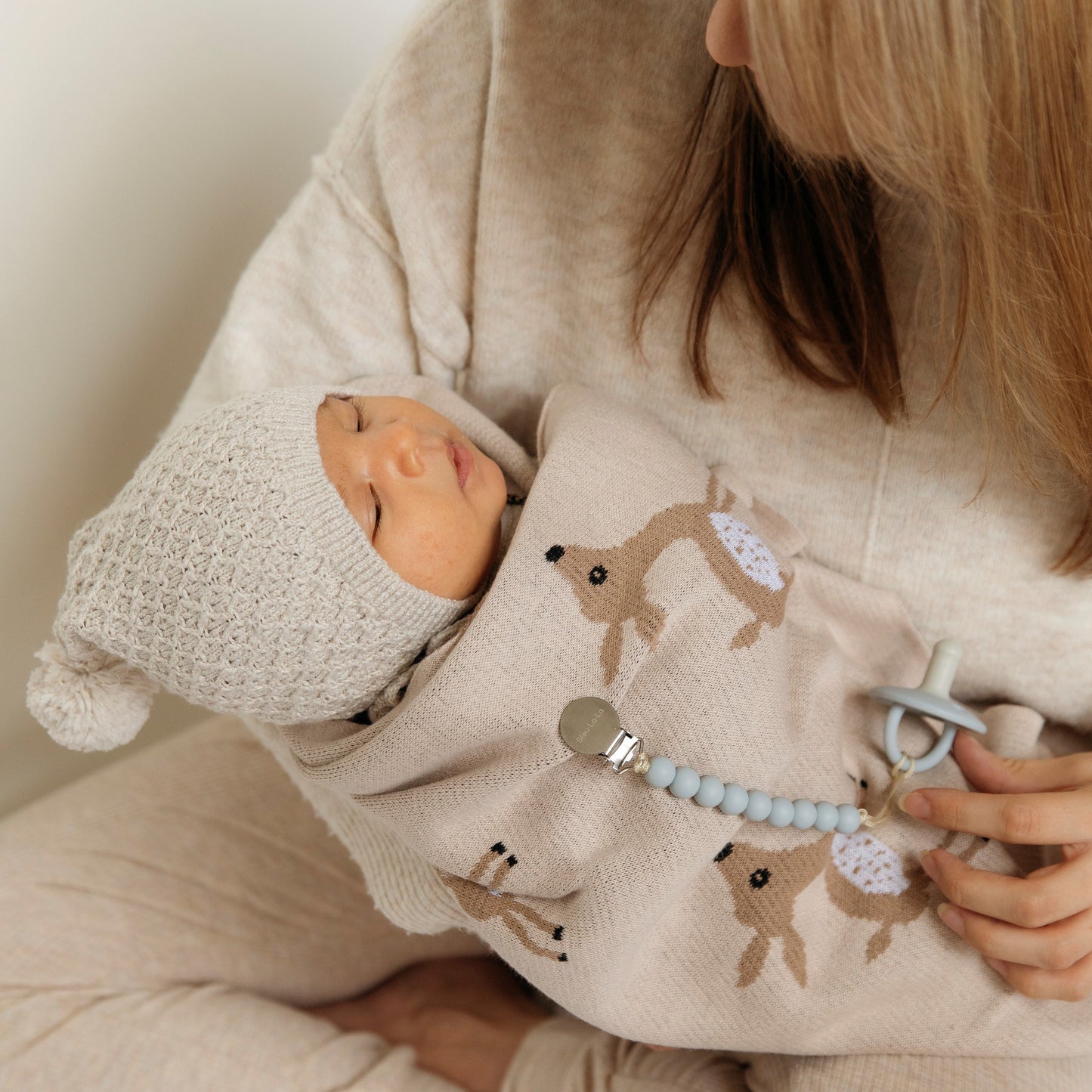 Luxury Cotton Deer Knit Swaddle Baby Blanket for Newborns Bleu La La