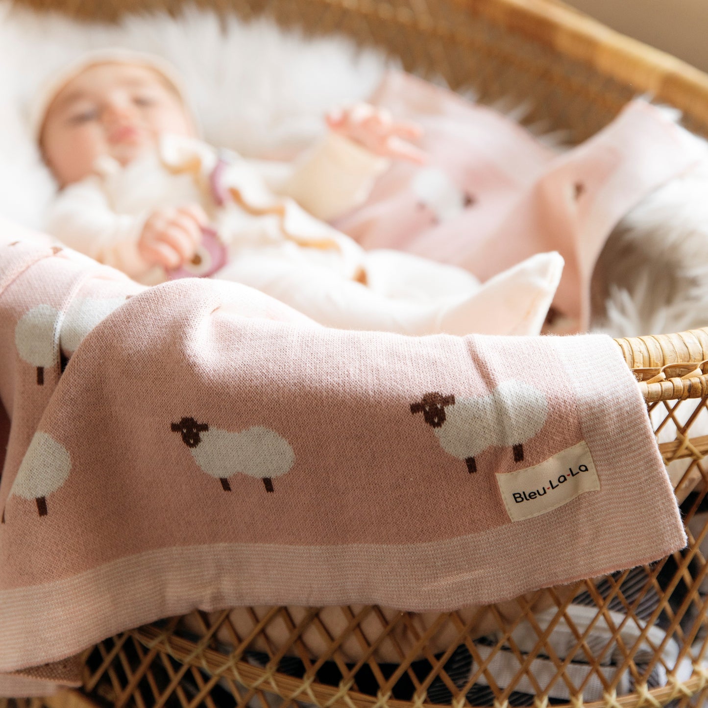 Sheep Knit Receiving Baby Blanket Made From 100 Percent OEKO Tex Certified Cotton Bleu La La