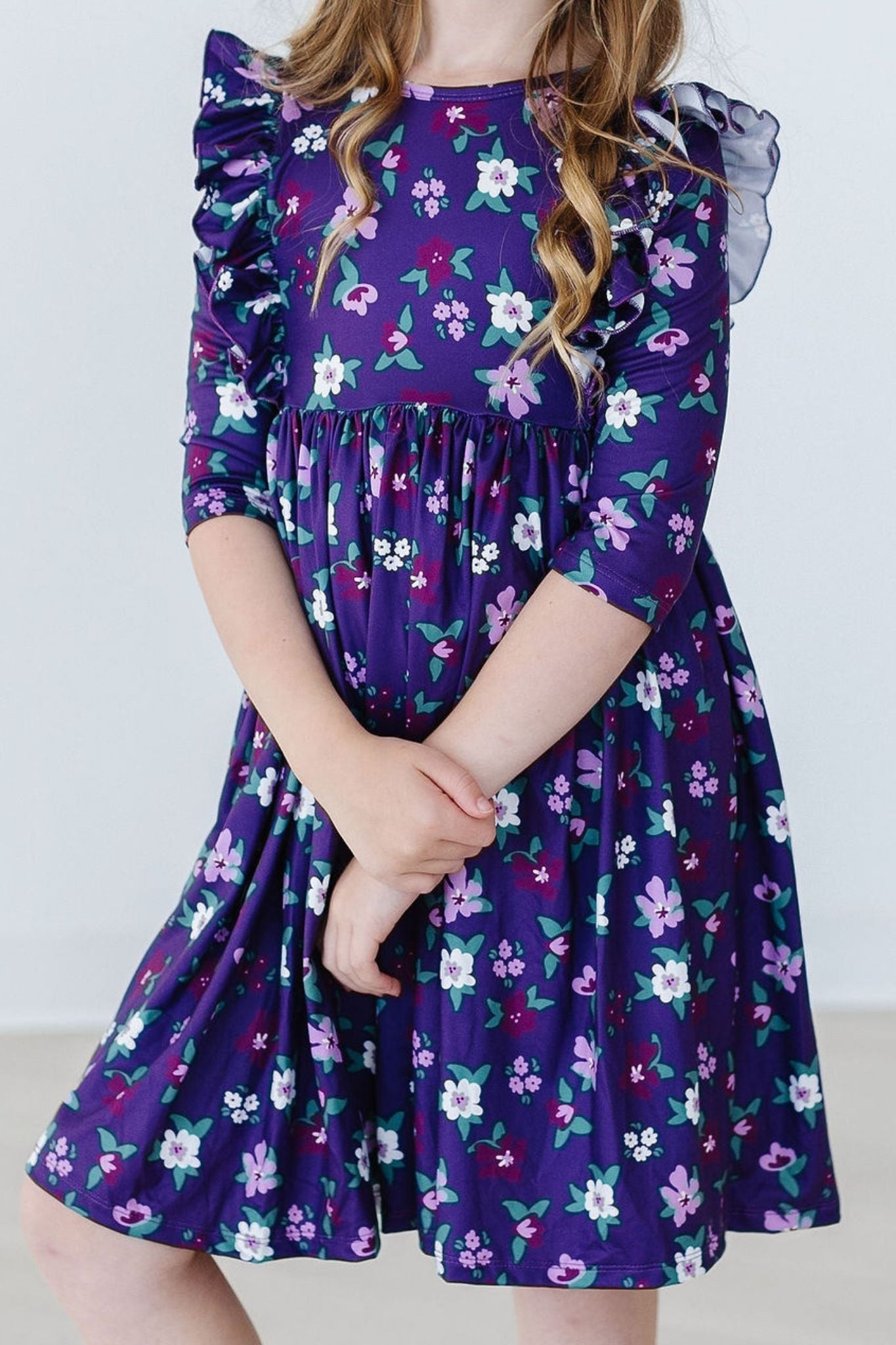 Mila & Rose ® Mila Violets In Bloom Three Quarter Sleeve Ruffle Dress - Apparel & Accessories > Clothing > Dresses Twirl Ruffle Dress 3/4