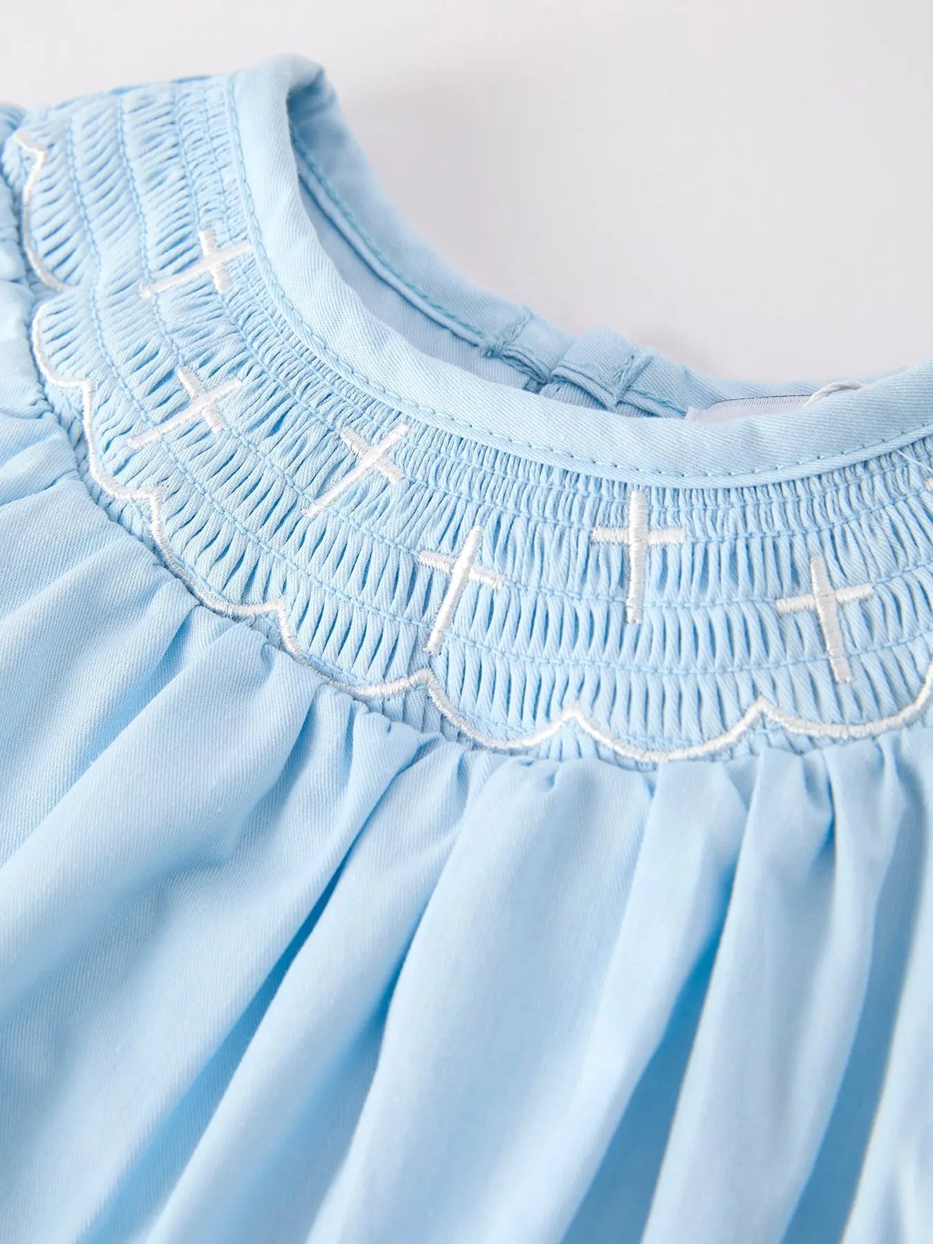 Girls Cross Smocking Embroidered Blue Romper Rylee Faith Designs