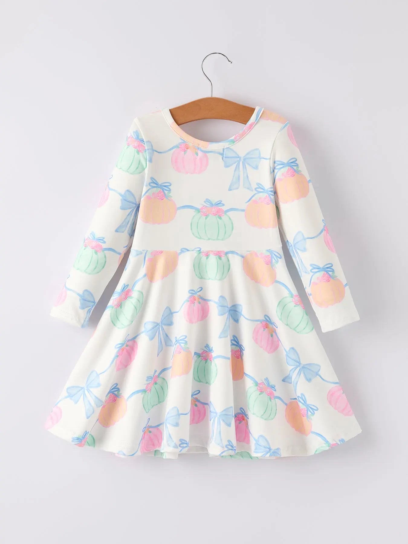 Festive Pumpkin Bow Print Long Sleeve Dress for Halloween Celebrations Rylee Faith Designs
