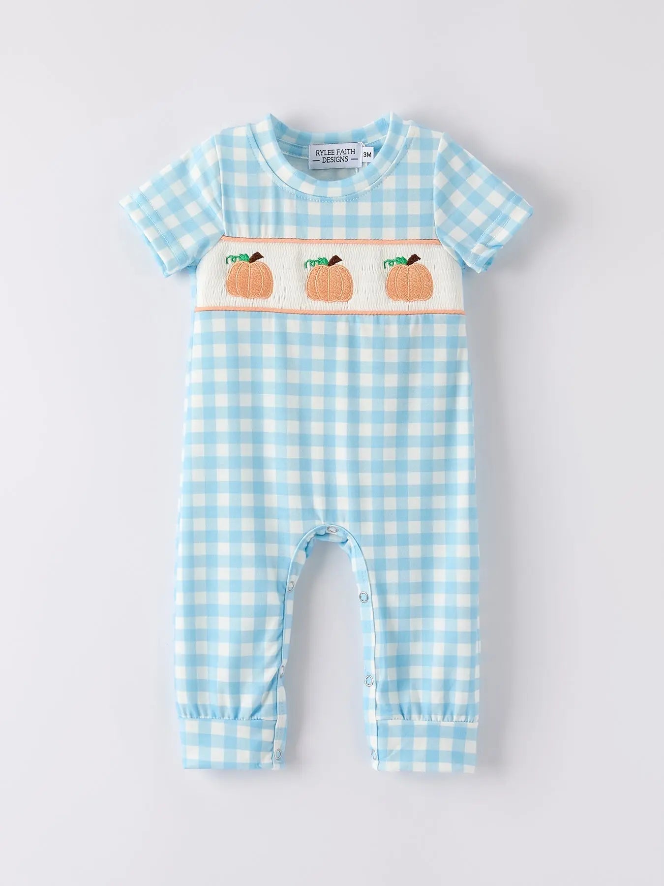 Adorable Blue Plaid Pumpkin Embroidery Romper for Halloween Boys Rylee Faith Designs