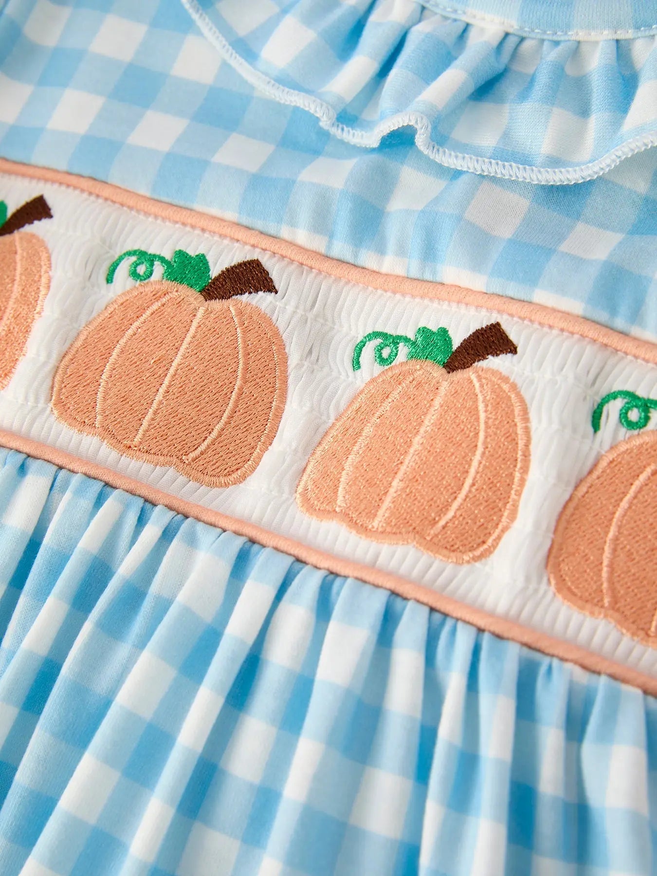 Unique Pumpkin Embroidery Smocking Dress in Blue Plaid for Fall Celebrations Rylee Faith Designs