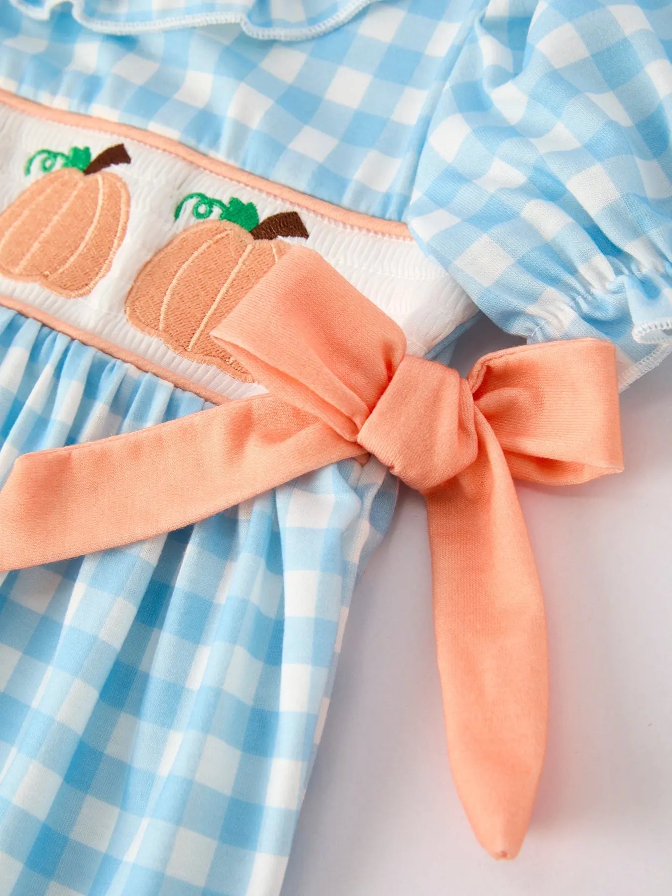 Unique Pumpkin Embroidery Smocking Dress in Blue Plaid for Fall Celebrations Rylee Faith Designs