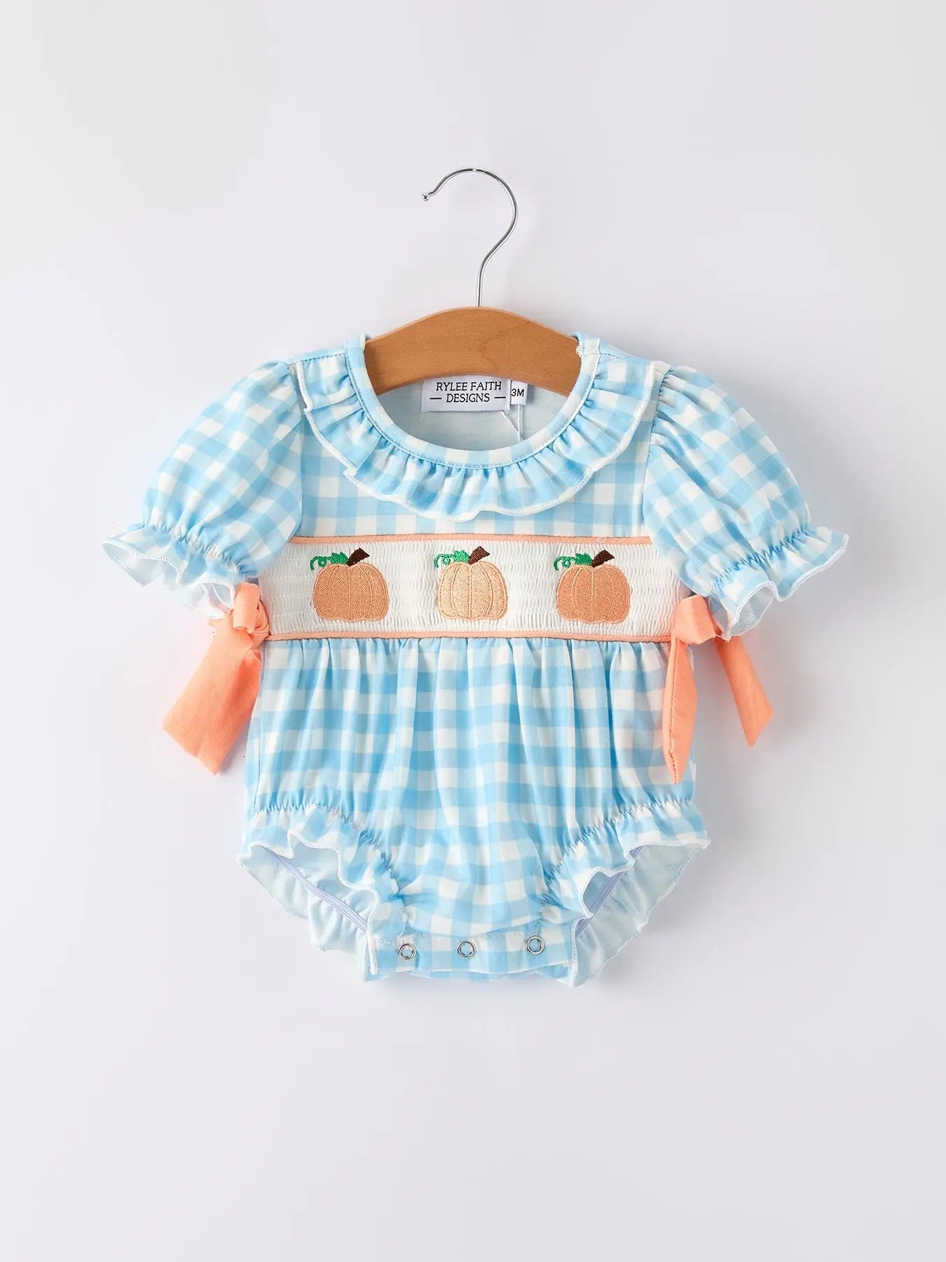 Adorable Pumpkin Embroidery Blue Plaid Romper for Halloween Babies Rylee Faith Designs