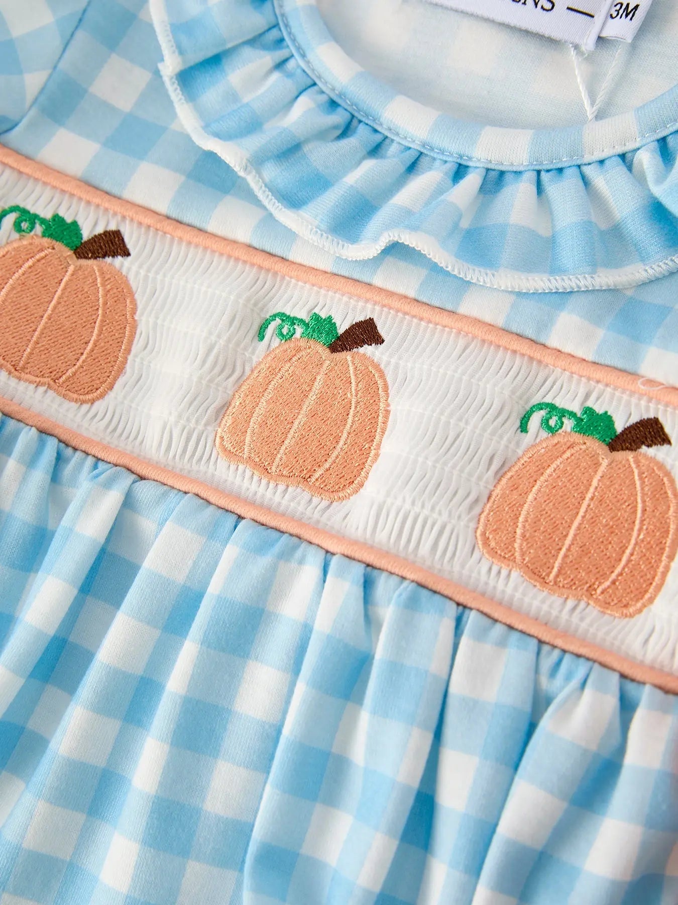 Adorable Pumpkin Embroidery Blue Plaid Romper for Halloween Babies Rylee Faith Designs