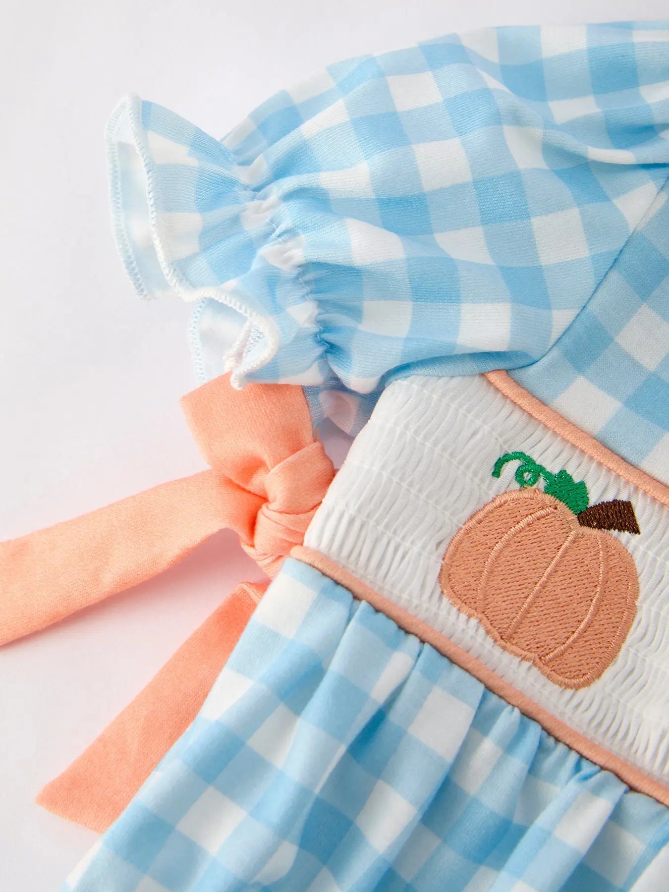 Adorable Pumpkin Embroidery Blue Plaid Romper for Halloween Babies Rylee Faith Designs