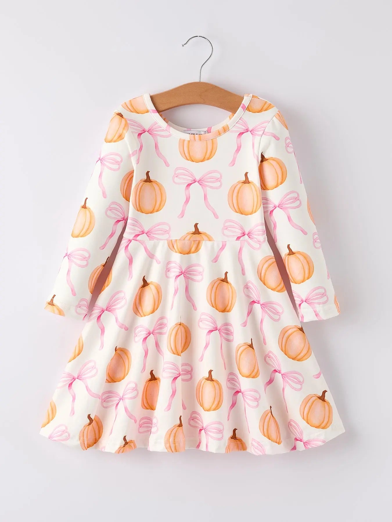 Festive Pumpkin Bow Print Long Sleeve Dress for Halloween Celebrations Rylee Faith Designs