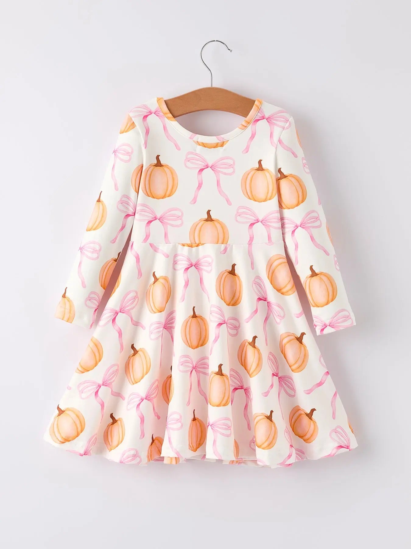 Festive Pumpkin Bow Print Long Sleeve Dress for Halloween Celebrations Rylee Faith Designs