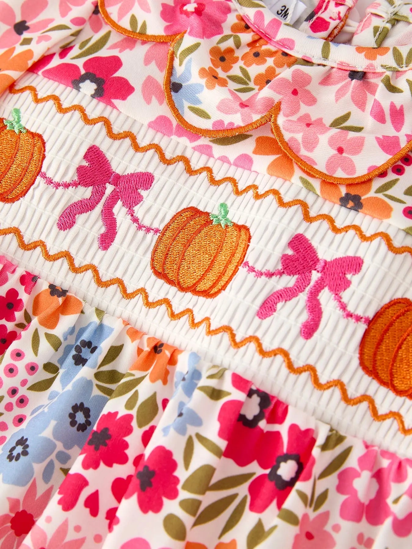 Adorable Pumpkin Bow Smock Romper with Floral Embroidery for Baby Girls Rylee Faith Designs