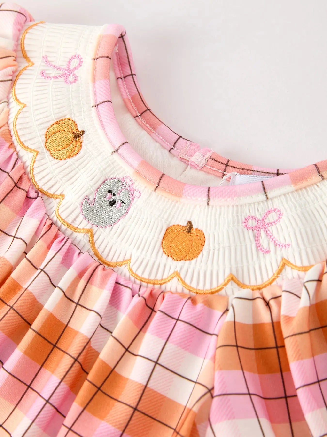 Adorable Pumpkin Bow Ghost Romper with Embroidered Details for Toddler Girls Rylee Faith Designs