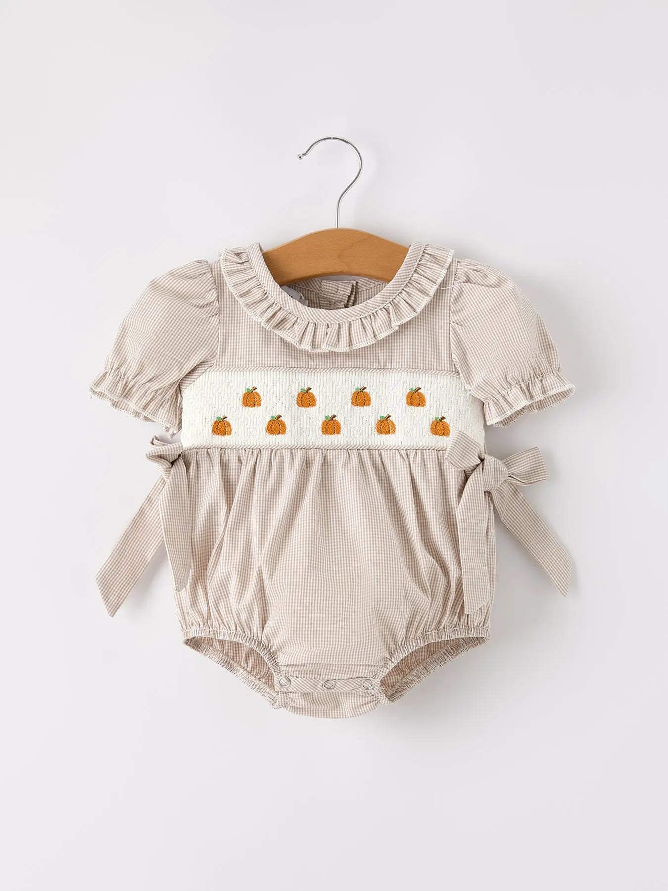 Rylee Faith Designs Charming Plaid Baby Girl Romper with Pumpkin Embroidery for Fall Festivities - Apparel & Accessories > Clothing > Baby & Toddler Clothing > Baby One-Pieces Romper