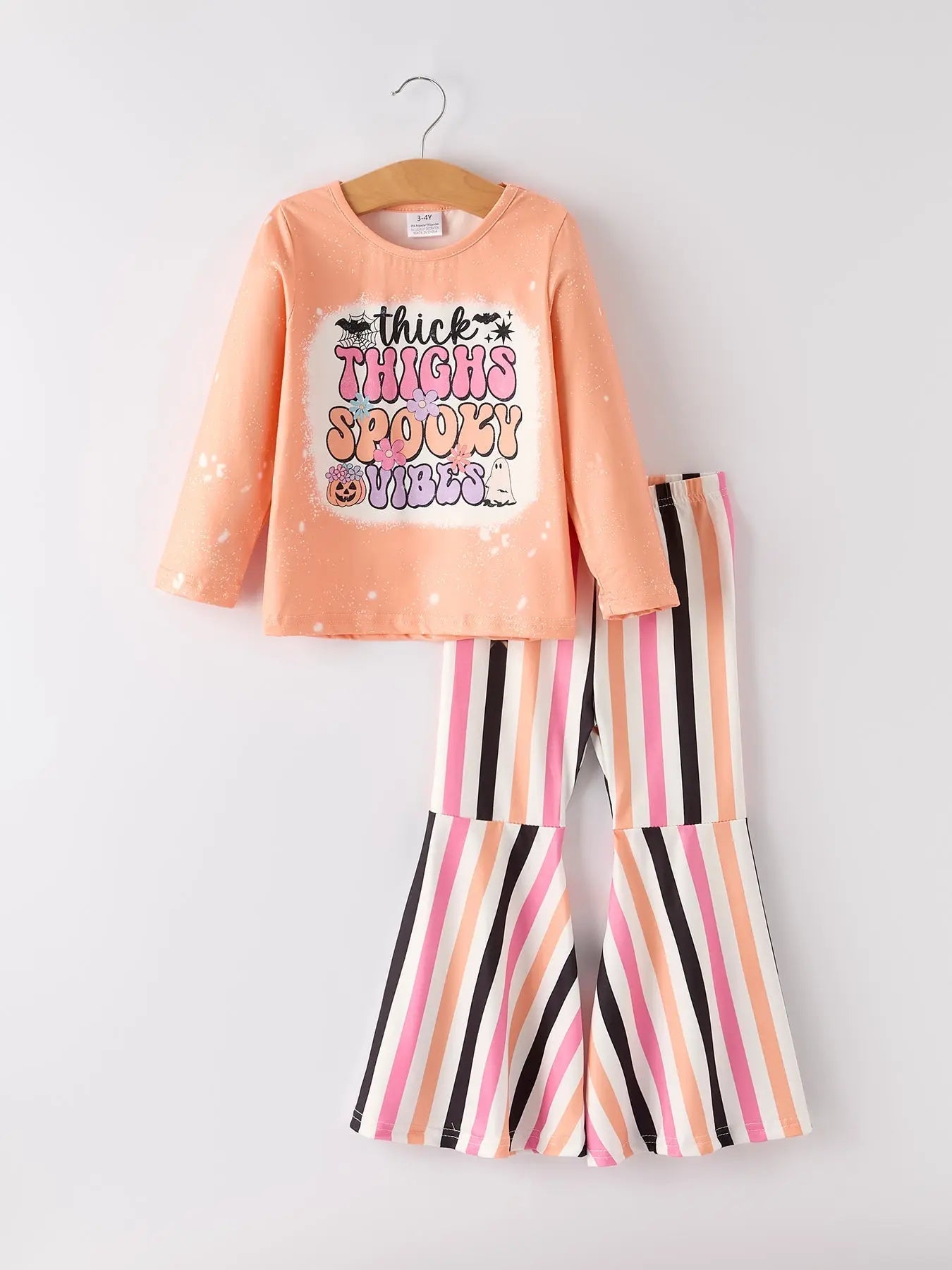 Rylee Faith Designs Trendy Halloween Outfit with Bleached Letter Top and Flared Pants for Women - Apparel & Accessories > Clothing > Outfit Sets Outfit