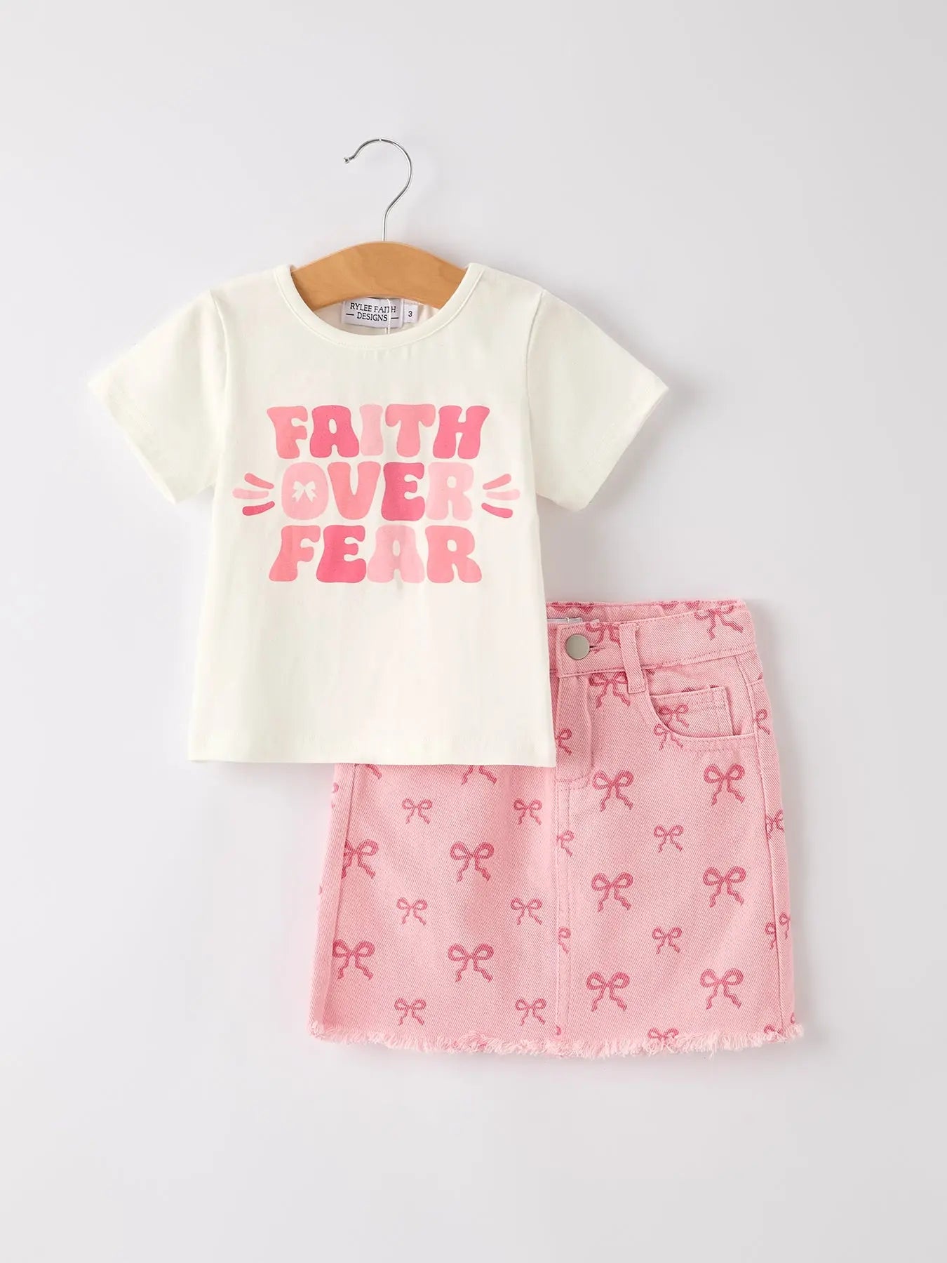 Girls Letter T-Shirt and Pink Bow Printed Denim Skirt Set Rylee Faith Designs