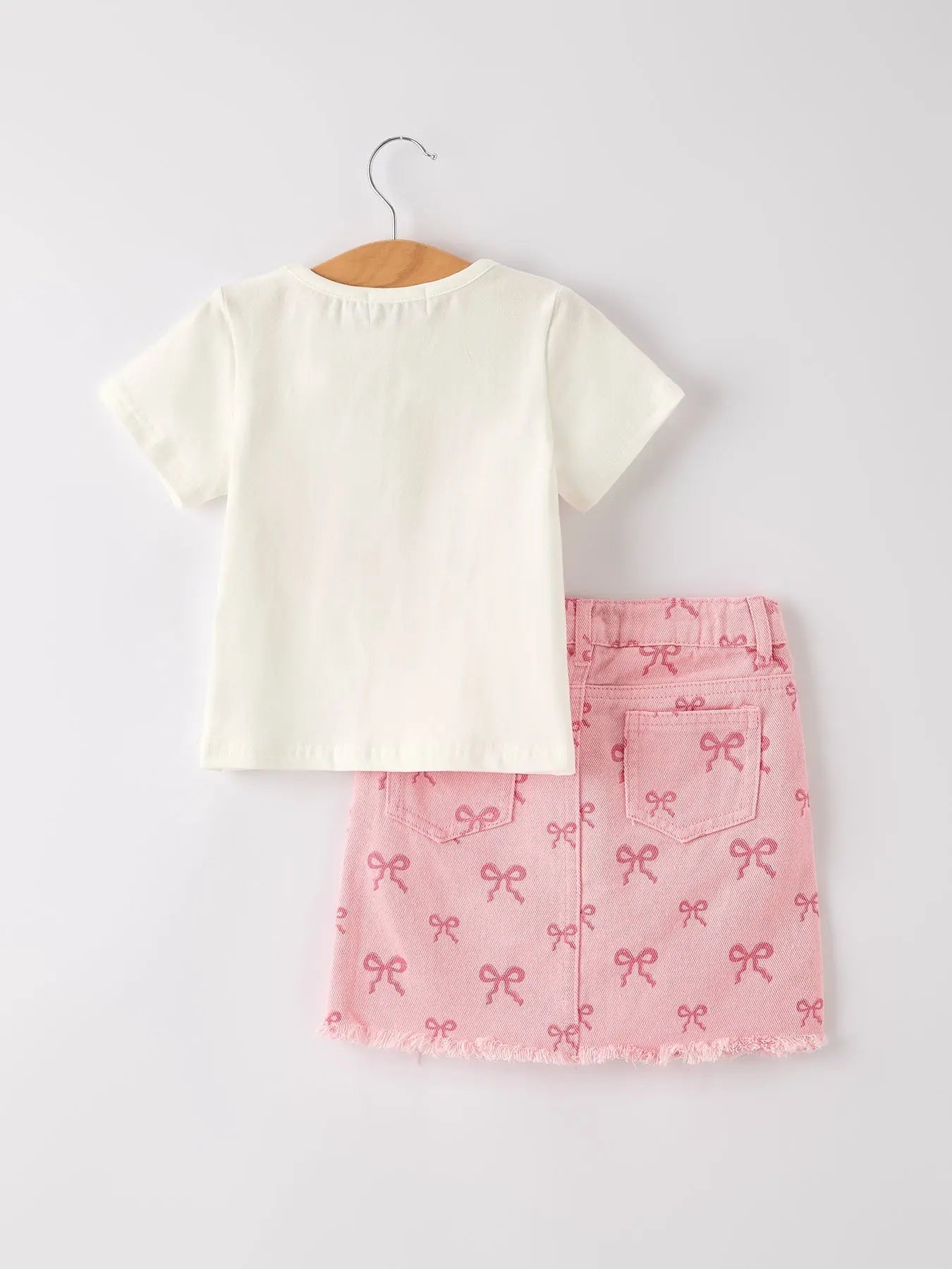 Girls Letter T-Shirt and Pink Bow Printed Denim Skirt Set Rylee Faith Designs