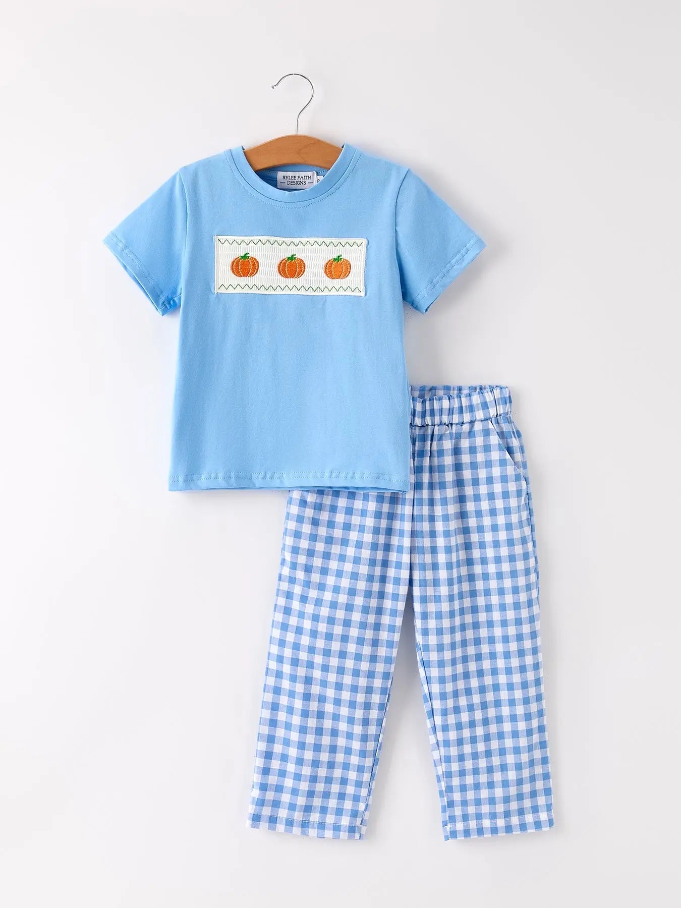 Fall Thanksgiving and Halloween Blue Pumpkin Smock Embroidery Baby Boy Set Rylee Faith Designs