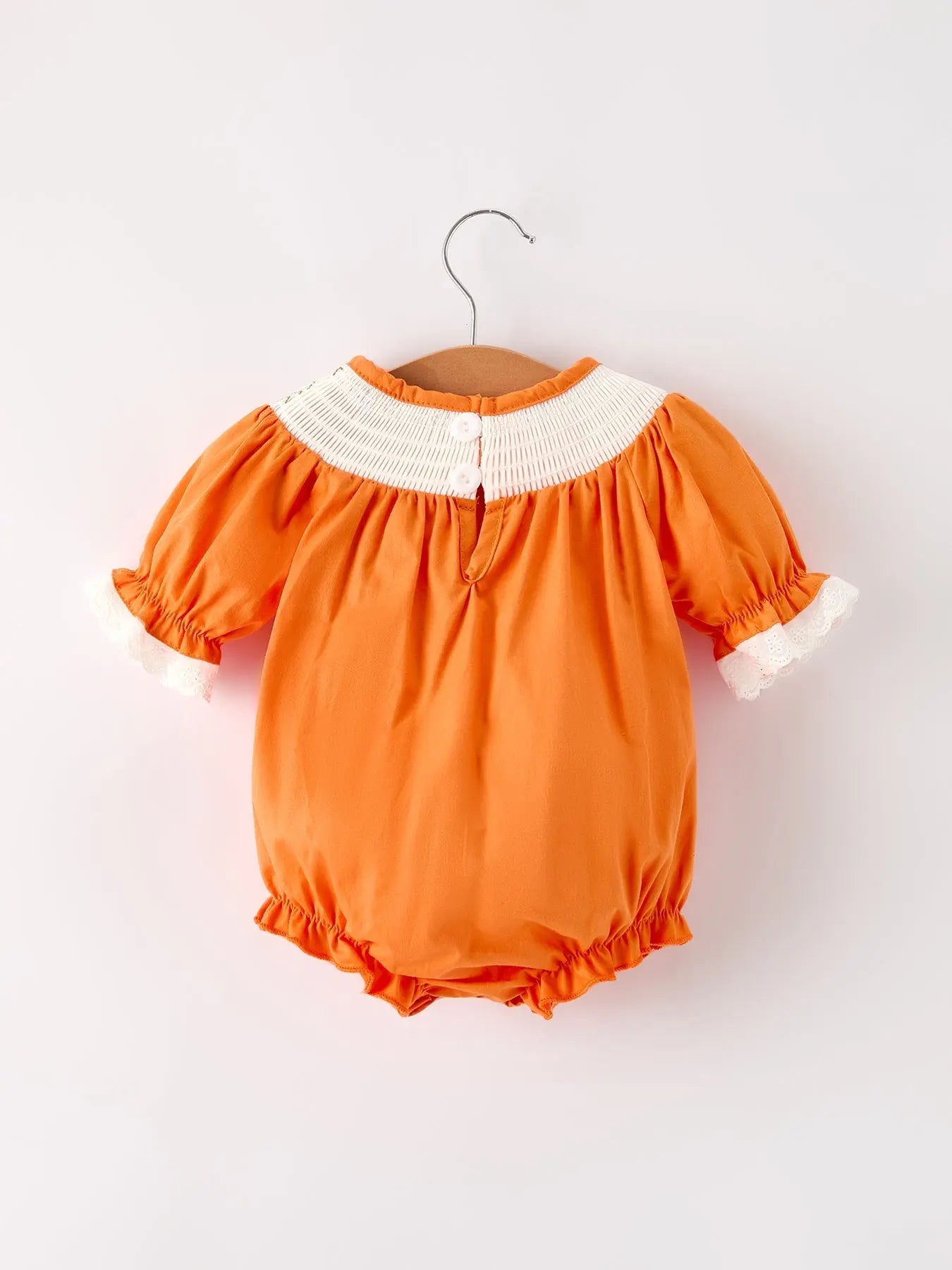 Fall Thanksgiving and Halloween Orange Pumpkin Smock Embroidery Lace Baby Girl Romper Rylee Faith Designs
