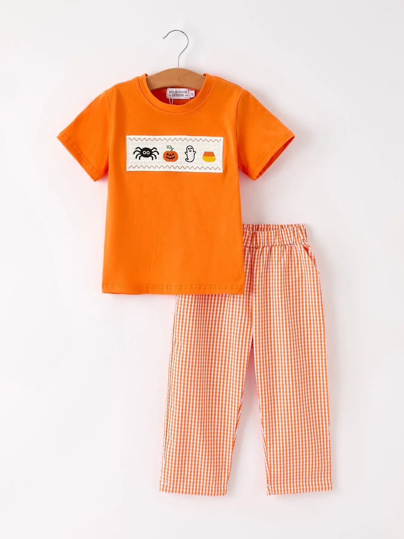 Fall Halloween Orange Pumpkin Ghost Spider Smock Embroidery Boy Set Rylee Faith Designs