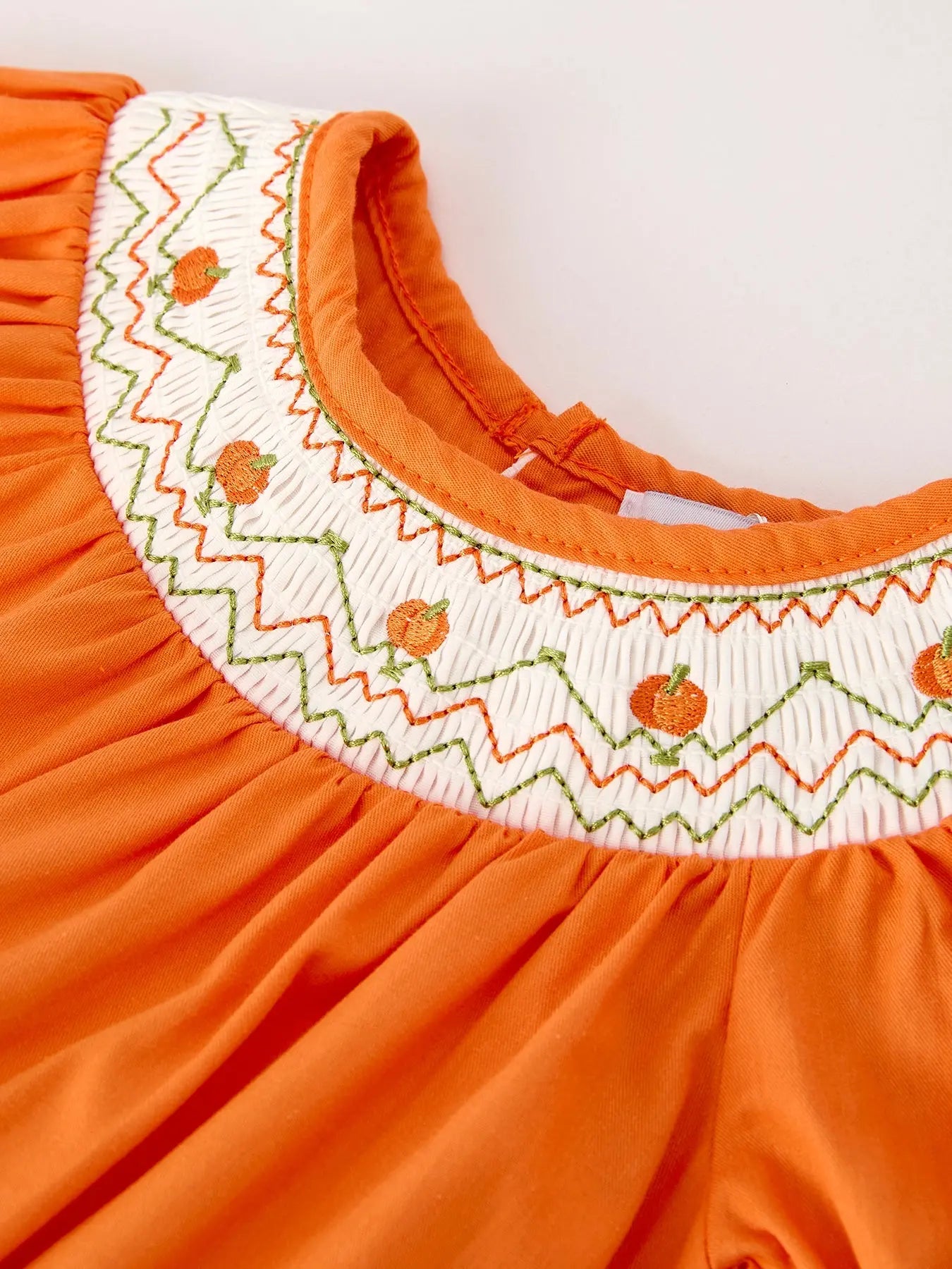 Fall Thanksgiving and Halloween Orange Pumpkin Smock Embroidery Lace Baby Girl Romper Rylee Faith Designs