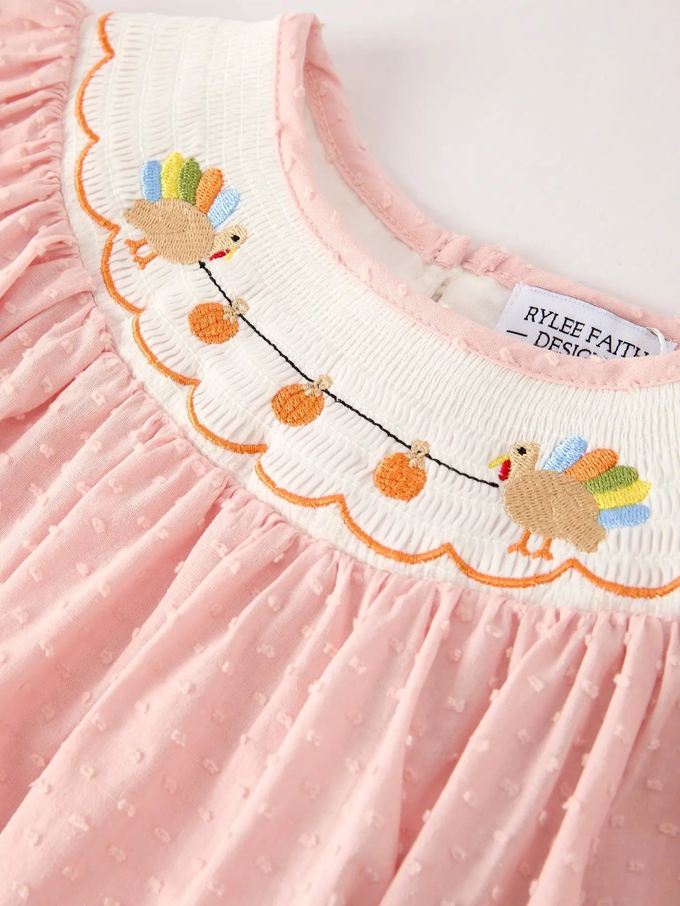 Fall Thanksgiving and Halloween Chicken Pumpkin Smock Embroidery Baby Girl Dress Rylee Faith Designs
