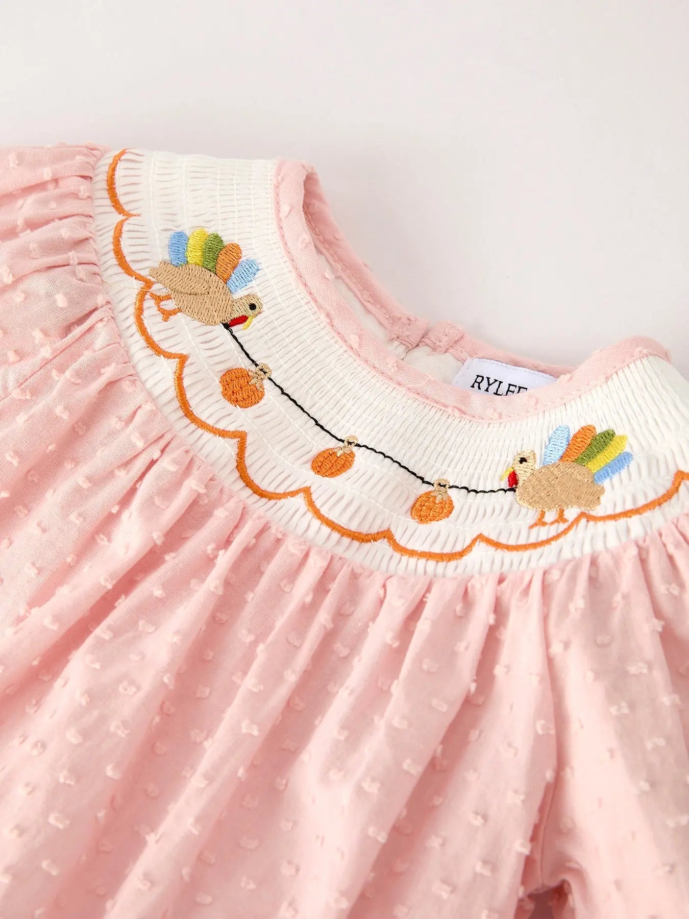 Fall Thanksgiving Halloween Chicken Pumpkin Smock Embroidery Baby Girl Romper Rylee Faith Designs