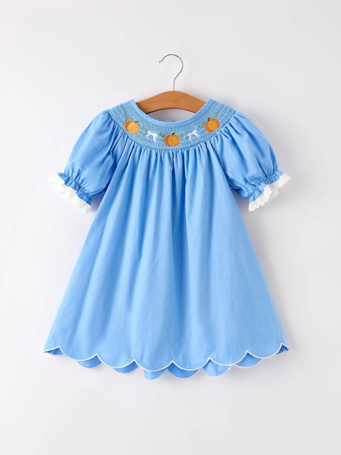 Blue Fall Thanksgiving and Halloween Pumpkin Smock Embroidery Lace Baby Girl Dress Rylee Faith Designs