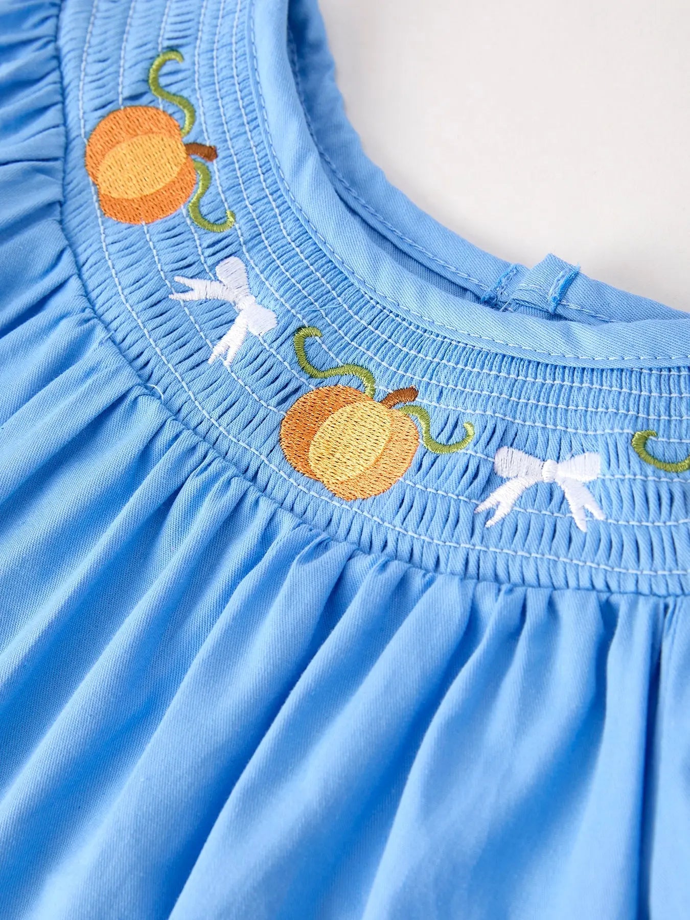 Blue Fall Thanksgiving and Halloween Pumpkin Smock Embroidery Lace Baby Girl Dress Rylee Faith Designs