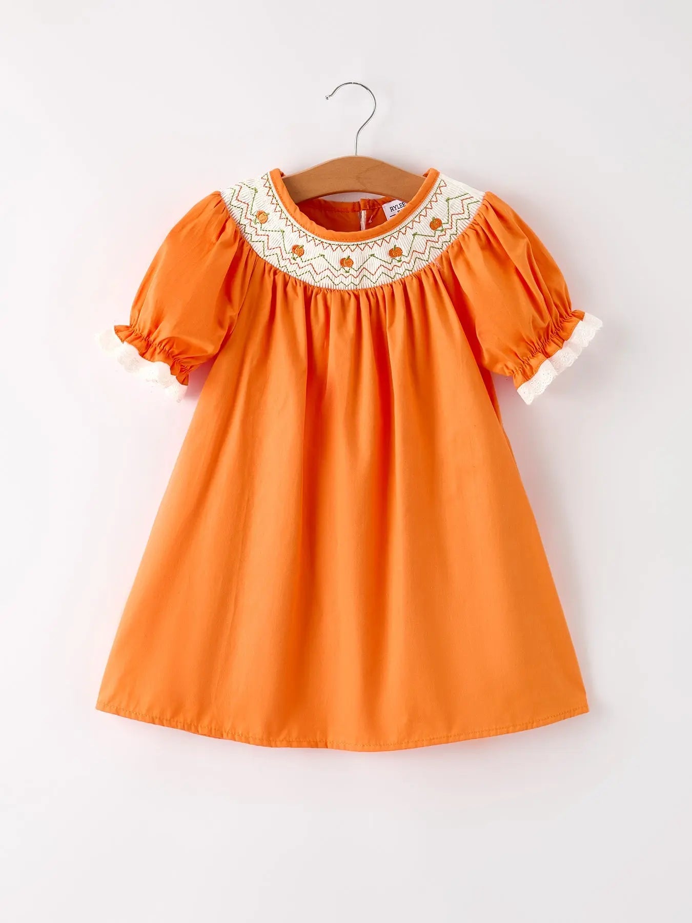 Fall Thanksgiving and Halloween Orange Pumpkin Smock Embroidery Lace Baby Girl Dress Rylee Faith Designs