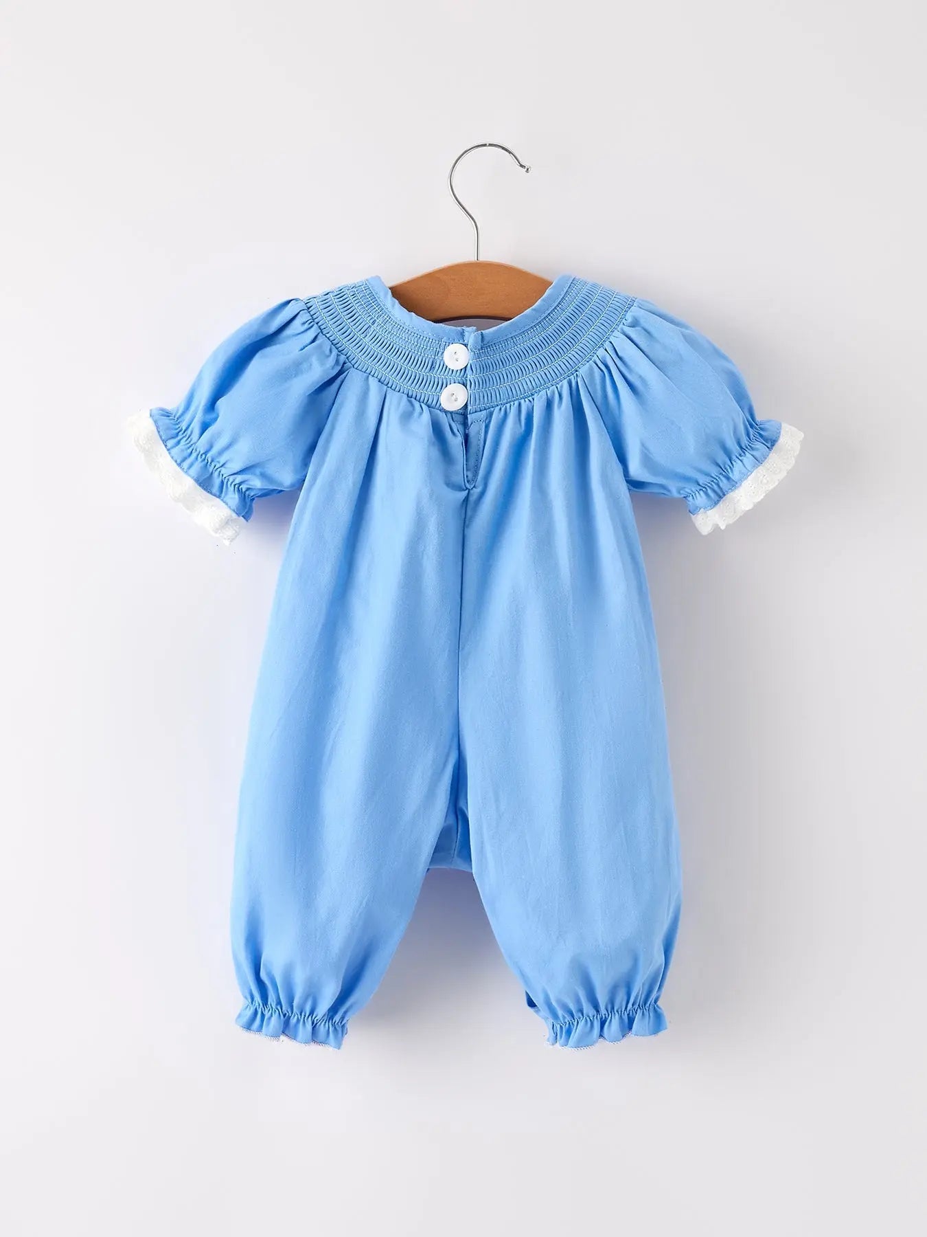 Fall Thanksgiving and Halloween Blue Pumpkin Smock Embroidery Lace Baby Girl Romper Rylee Faith Designs