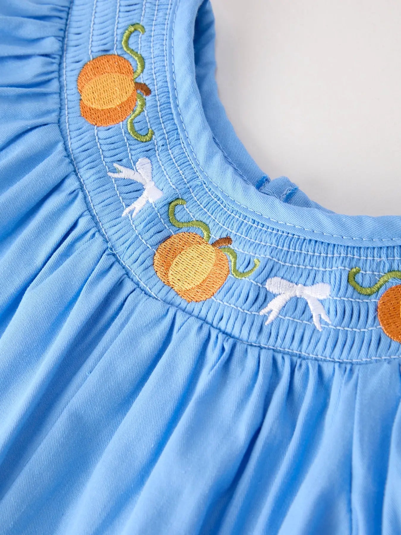 Fall Thanksgiving and Halloween Blue Pumpkin Smock Embroidery Lace Baby Girl Romper Rylee Faith Designs