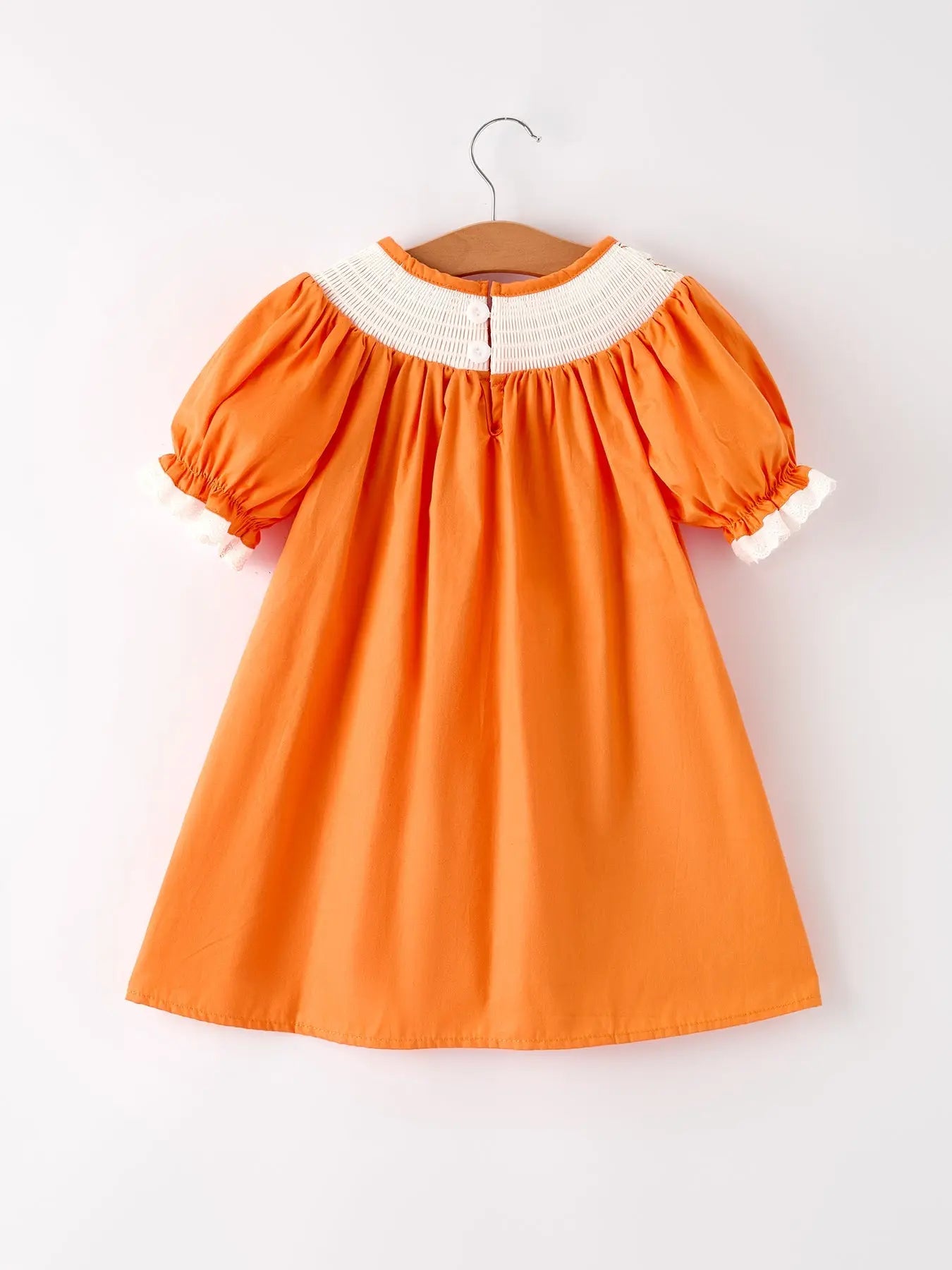 Fall Thanksgiving and Halloween Orange Pumpkin Smock Embroidery Lace Baby Girl Dress Rylee Faith Designs
