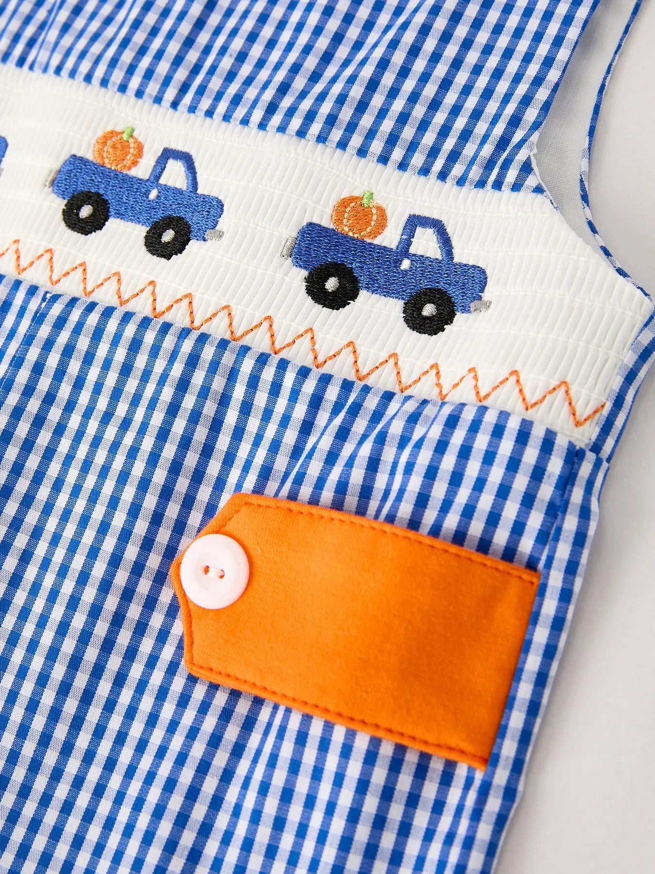 Fall Thanksgiving and Halloween Truck Smock Embroidery Baby Boy Romper Rylee Faith Designs