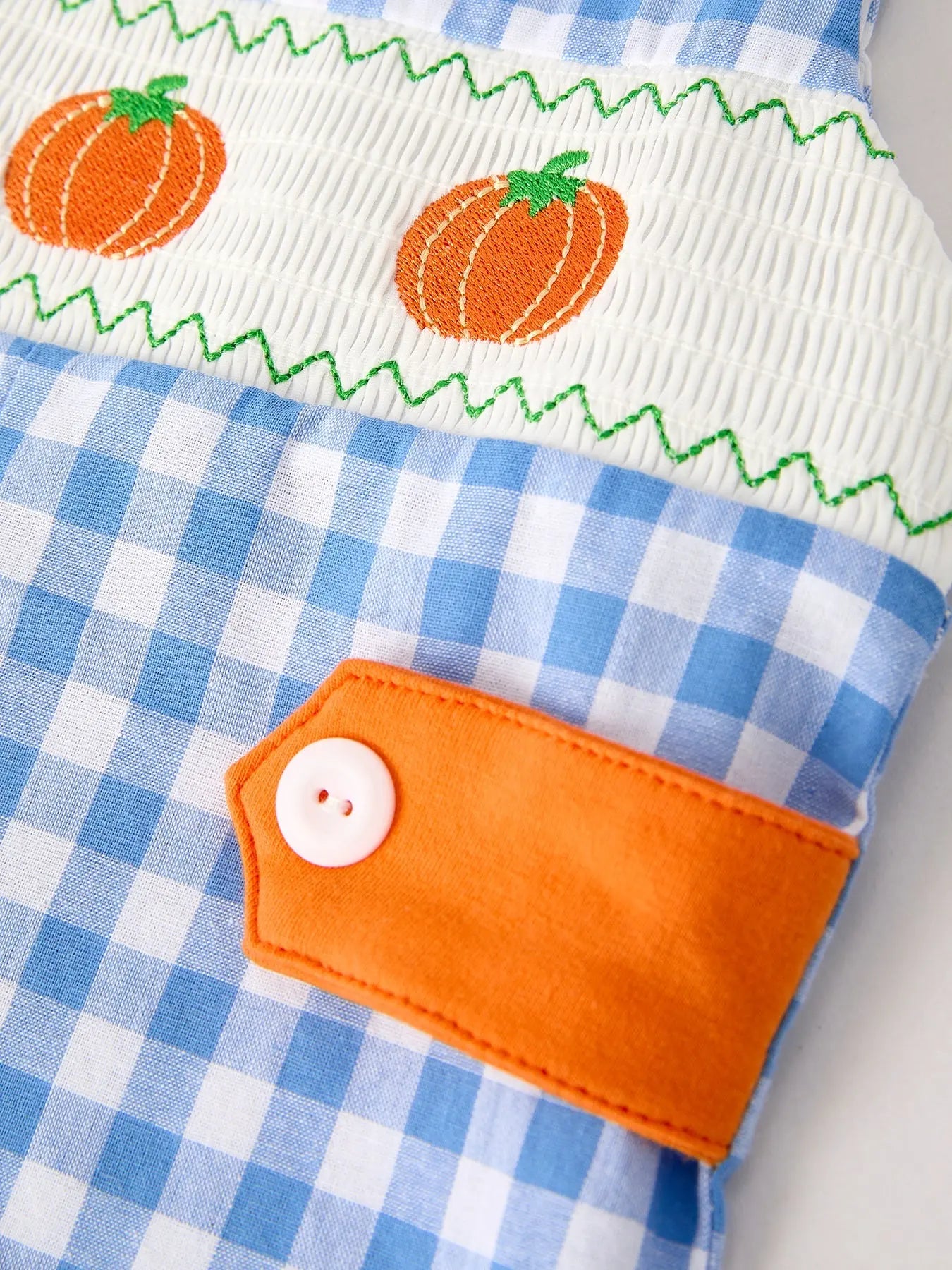 Fall Thanksgiving and Halloween Blue Pumpkin Smock Embroidery Baby Boy Romper Rylee Faith Designs
