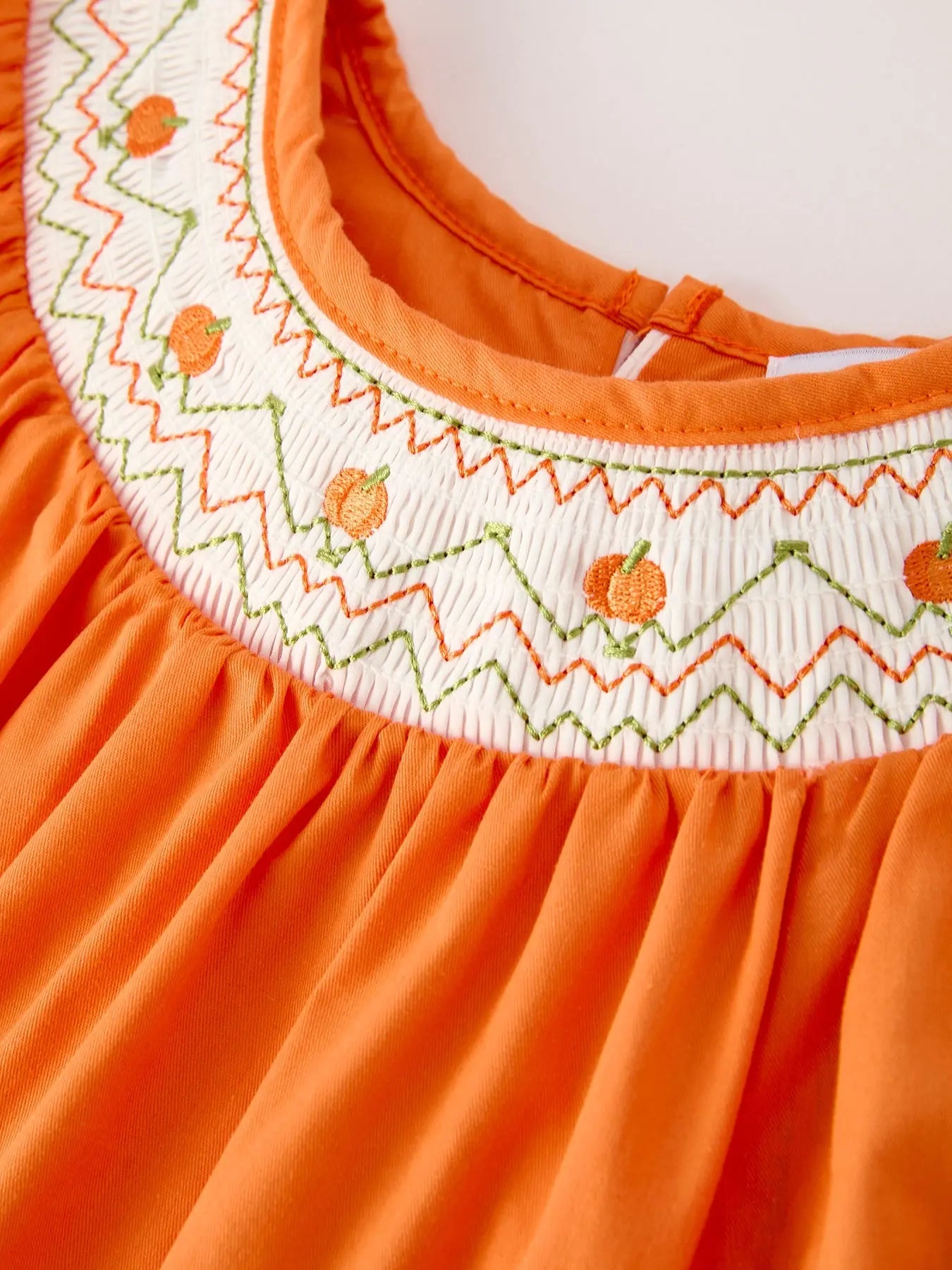 Fall Thanksgiving and Halloween Orange Pumpkin Smock Embroidery Lace Baby Girl Dress Rylee Faith Designs