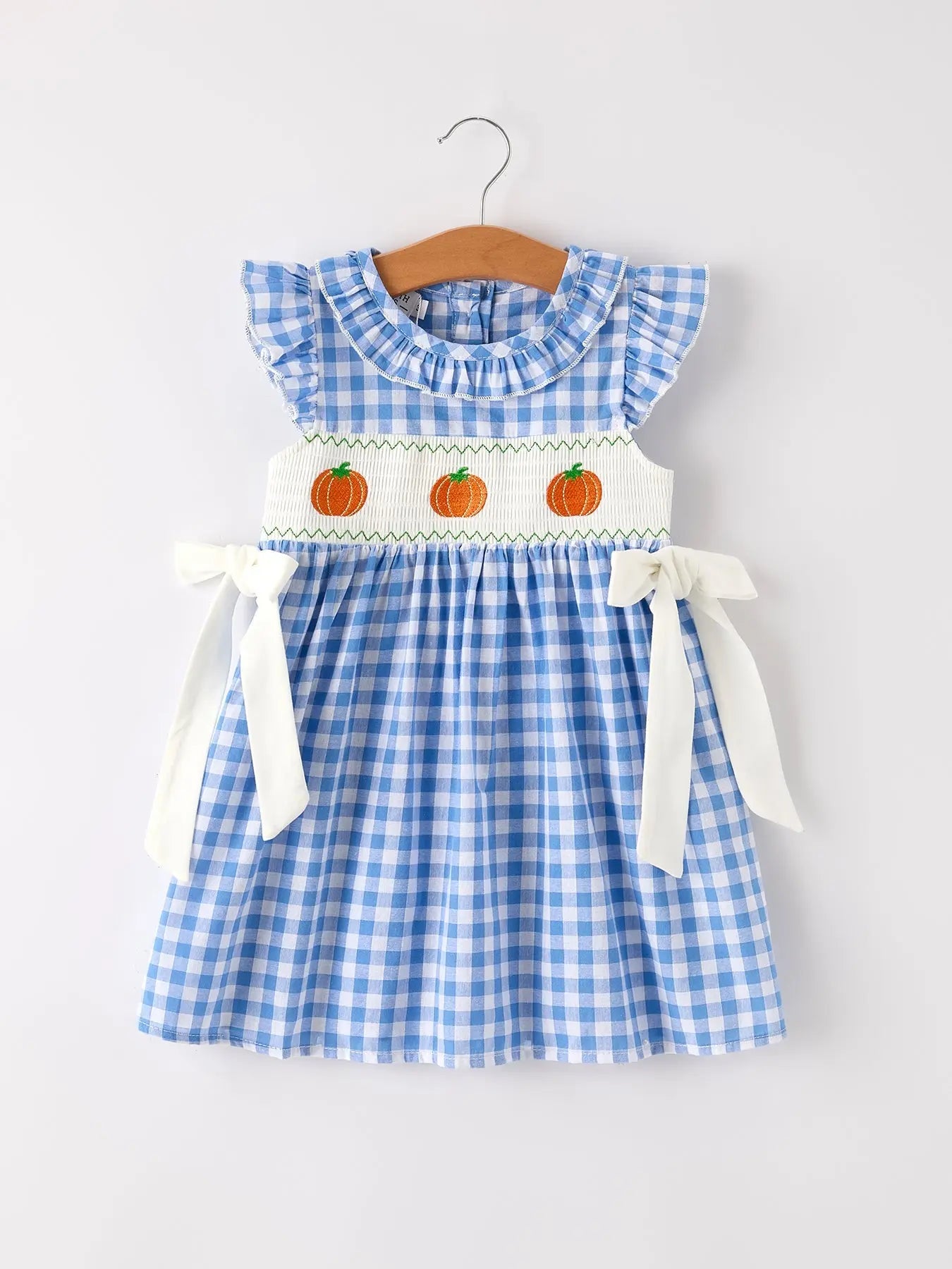 Fall Thanksgiving And Halloween Blue Pumpkin Smock Embroidery Baby Girl Dress Rylee Faith Designs