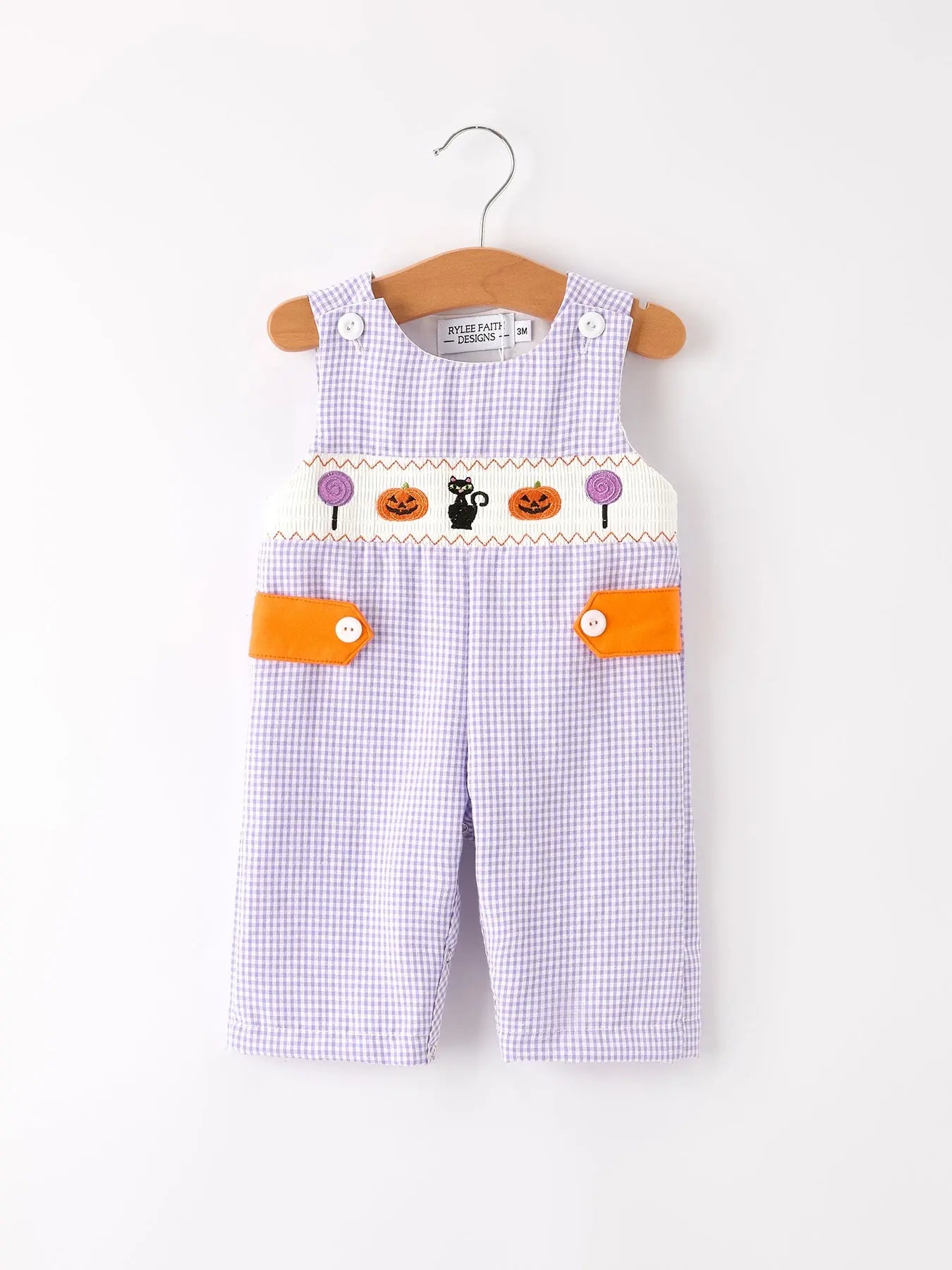 Fall Halloween Purple Balloon Pumpkin Cat Smock Embroidery Baby Boy Romper Rylee Faith Designs