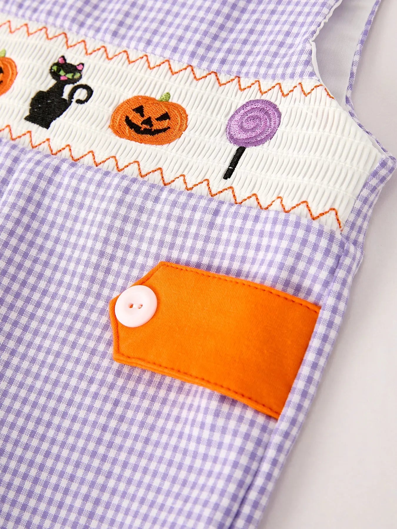 Fall Halloween Purple Balloon Pumpkin Cat Smock Embroidery Baby Boy Romper Rylee Faith Designs